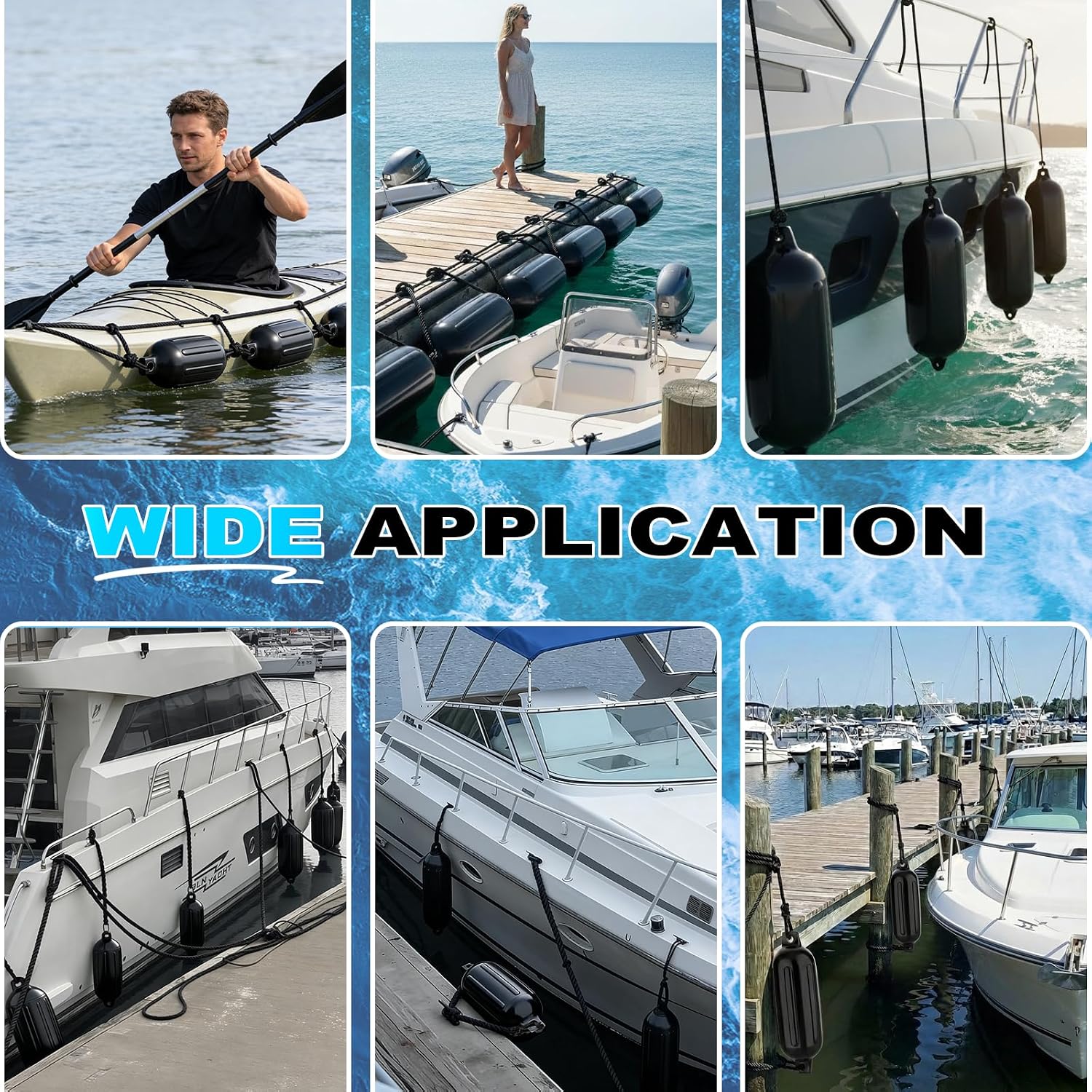 Boat Fenders 2-4 Pack, 4.5"/5.5"/6.5"/8.5" Inflatable Ribbed Twin-Eye Boat Bumpers & Ropes, Marine-Grade PVC Boat Fender Bumpers, Black/White/Gray/Navy Blue - Image 7