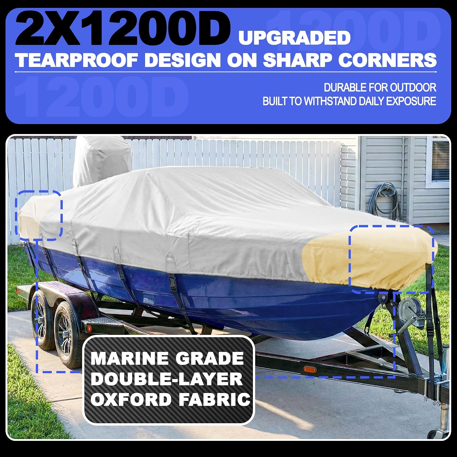 FOCEAN 1200D Boat Cover 15-17ft, Waterproof Heavy Duty Marine Tarp Gray Cover, Fits Bass, V-Hull, Tri-Hull, Runabout Fish Ski Boats with Storage Bag - Image 5
