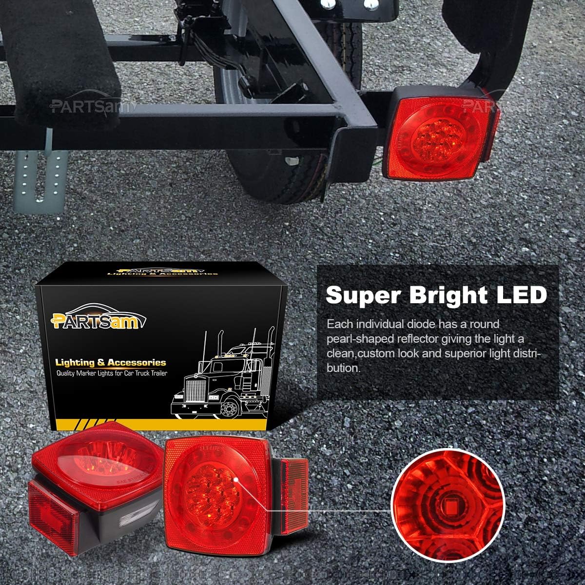 Partsam 12V LED Trailer Light Kit, Halo Glow Submersible Square Tail Lights Kit Left Right Turn Stop Signal for Under 80 Inch Boat Trailer RV Camper Marine Snowmobile (Led Boat Trailer Light kit) - Image 3