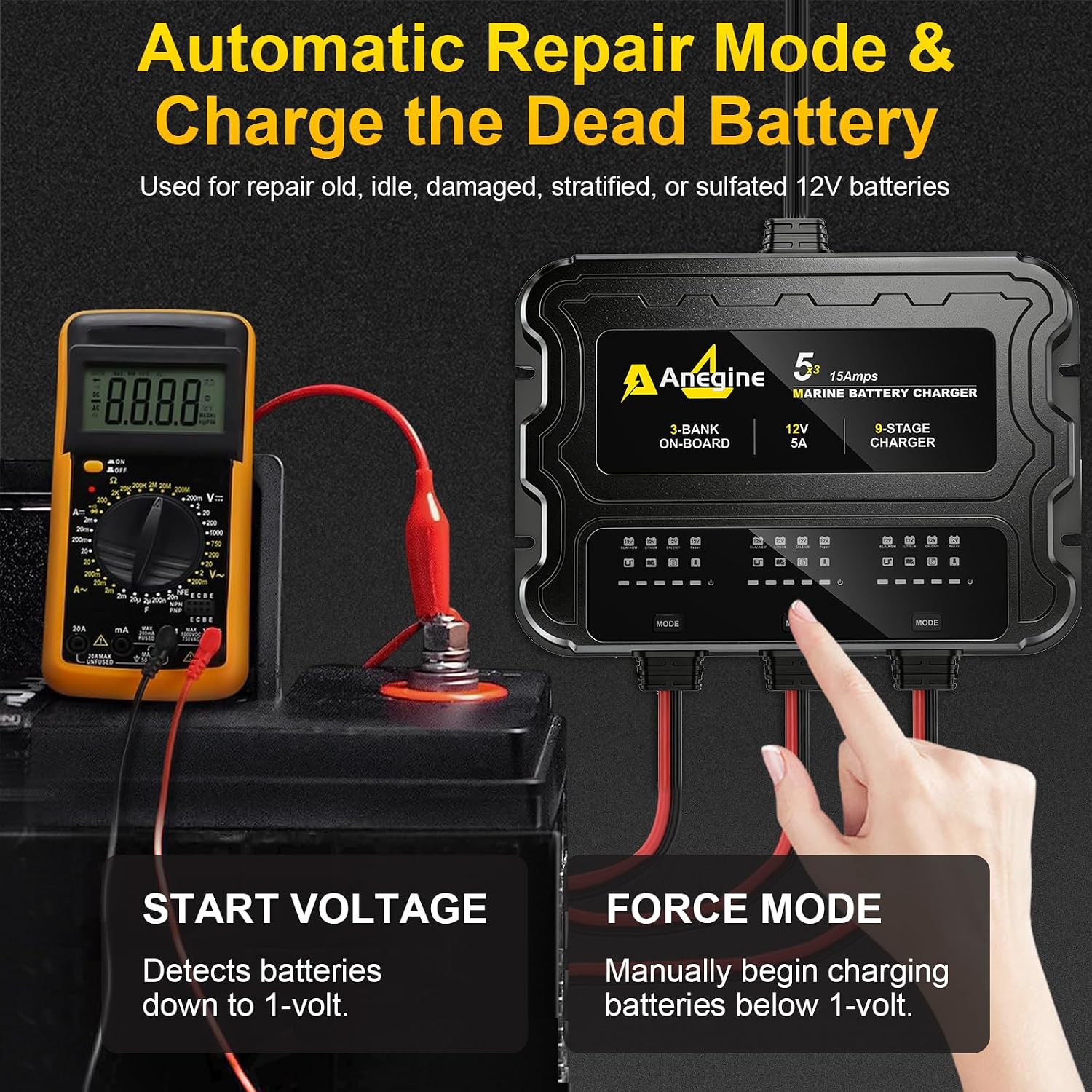 3 Bank Marine Battery Charger, 12V (5A/Bank) IP68 Waterproof LCD Onboard Battery Charger with Overcharge Protection & Temperature Compensation- for Lead-Acid, AGM, EFB, LiFePO4, Lithium, Boat, Car, RV - Image 3