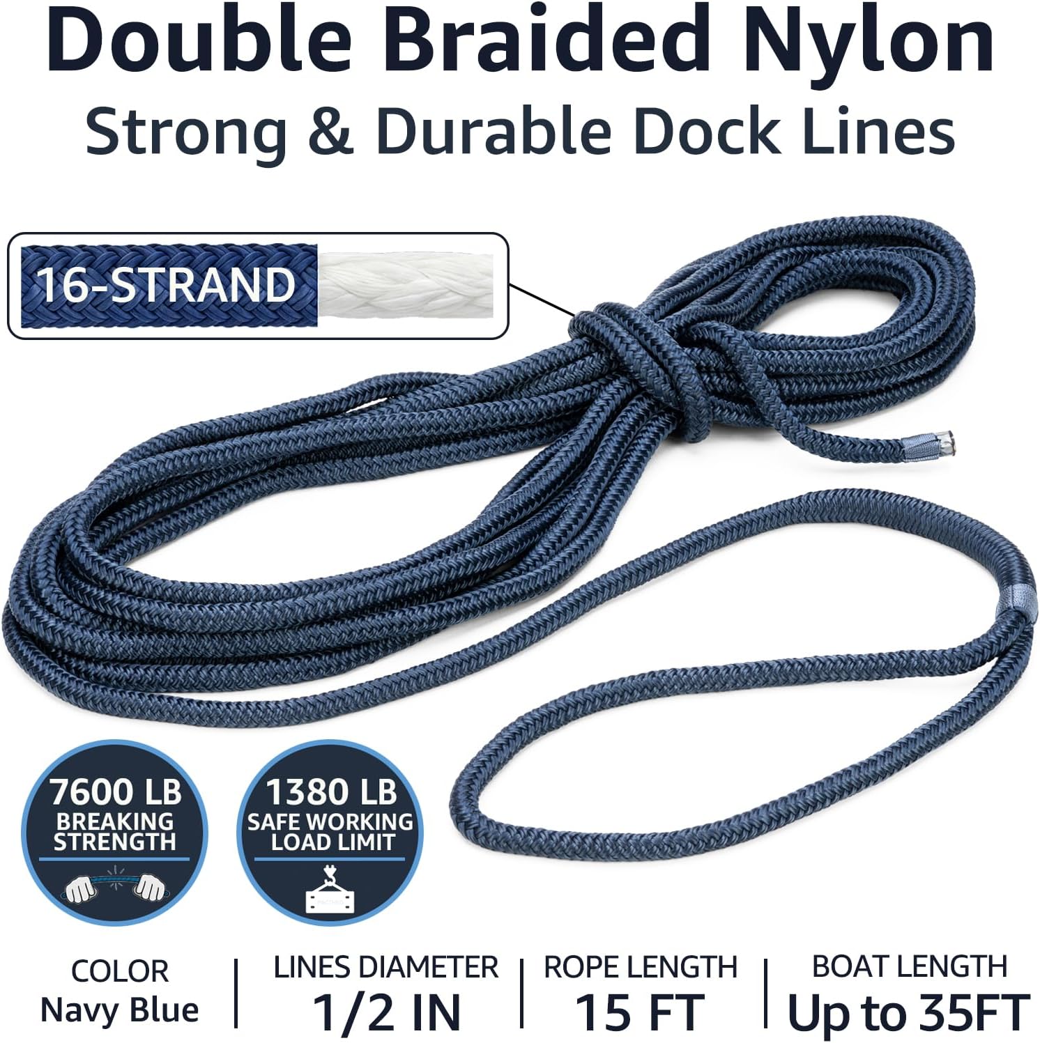 Double Braid 1/2" x 15' Boat Dock Lines (4-Pack) – Nylon Boat Ropes for Docking with 12" Spliced Eye – Heavy Duty Marine Rope – Soft & Durable Boat Lines for Pontoon and Light Boat (Navy Blue) - Image 2