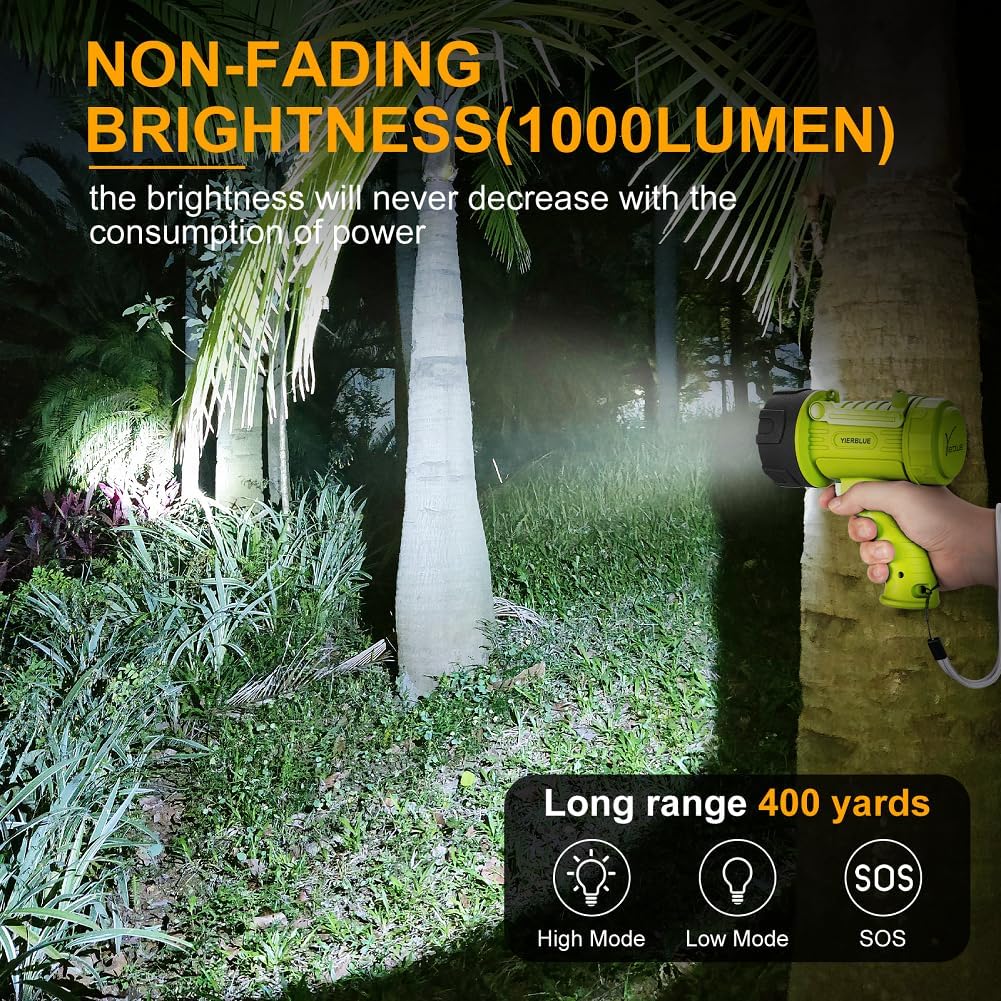 YIERBLUE Rechargeable Spotlight Flashlight with 2000,000 High Lumen LED, IP67 Waterproof Long Running Spot Light searchlight, Impact Resistant Handheld Spotlight with Foldable Stand and Red Lens - Image 2