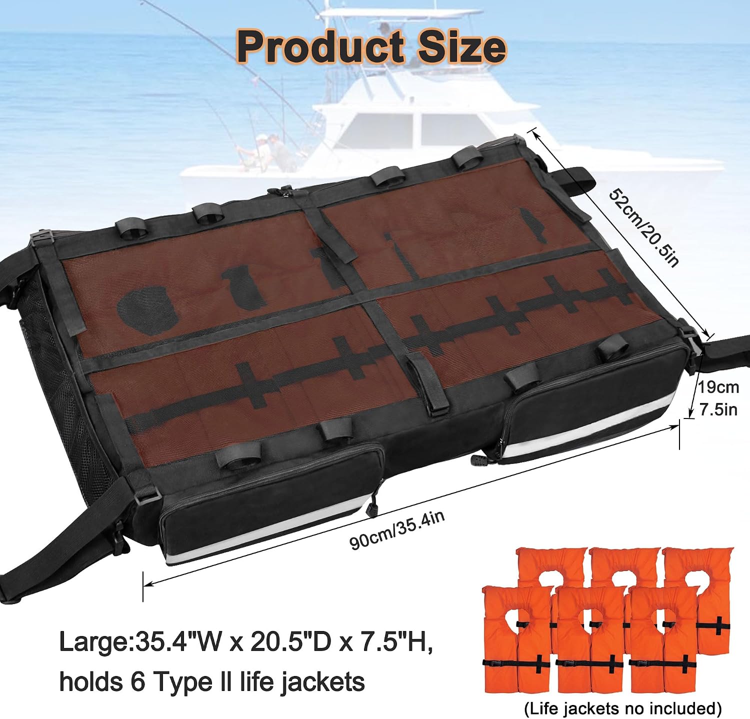 MDSTOP T-Top Storage Bag, Boat Life Jackets Bag Can Secure 4 Fishing Rods, Hold 4-6 Type II Life Jackets, for Most T-Top Hard Tops, Bimini-Tops, Pontoon Tops(Life Jackets not Included) - Image 2
