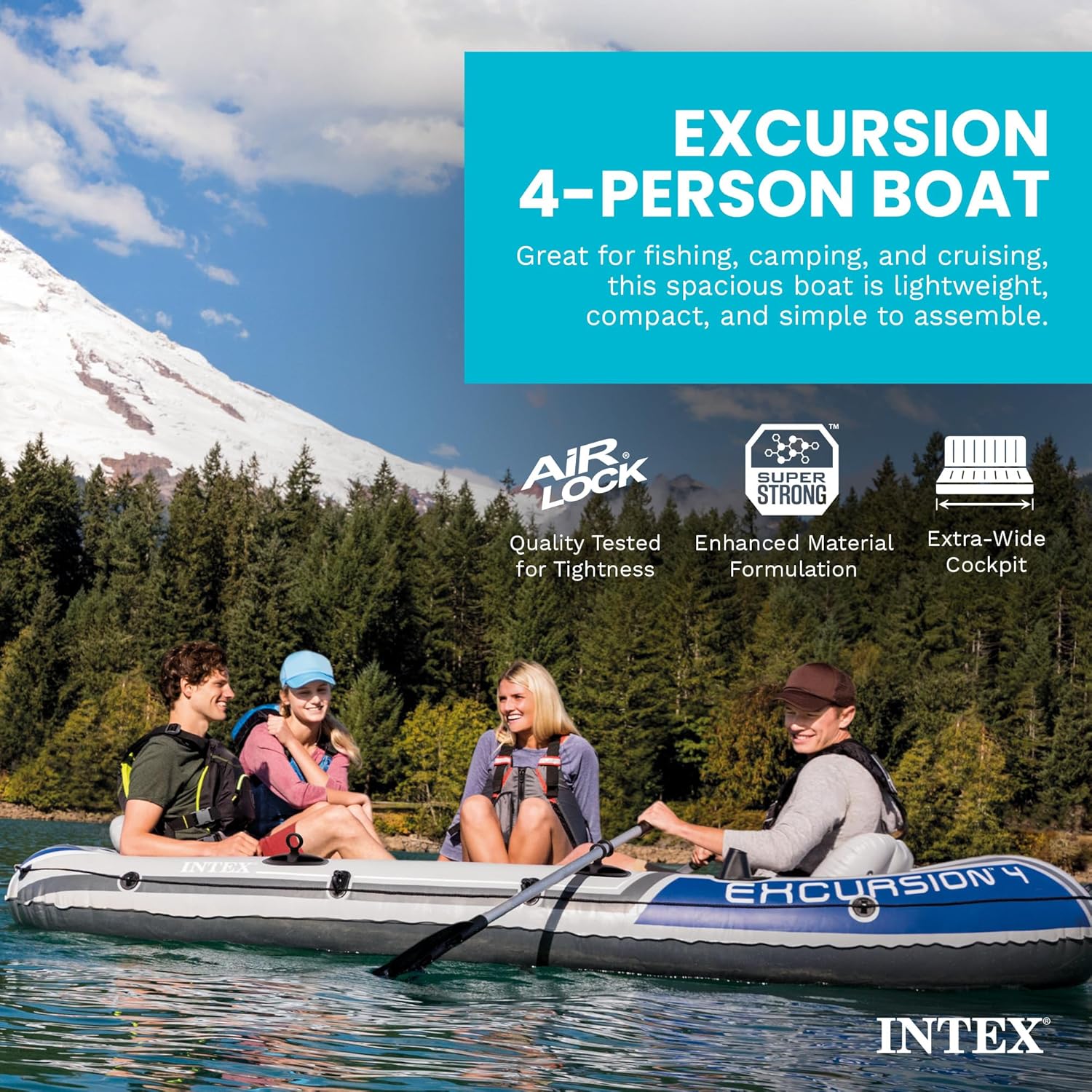 Intex 68324EP Excursion 4 Inflatable Boat Set: Includes Deluxe 54in Boat Oars and High-Output Pump – Adjustable Seats with Backrest – Fishing Rod Holders – 4-Person – 1100lb Weight Capacity - Image 2