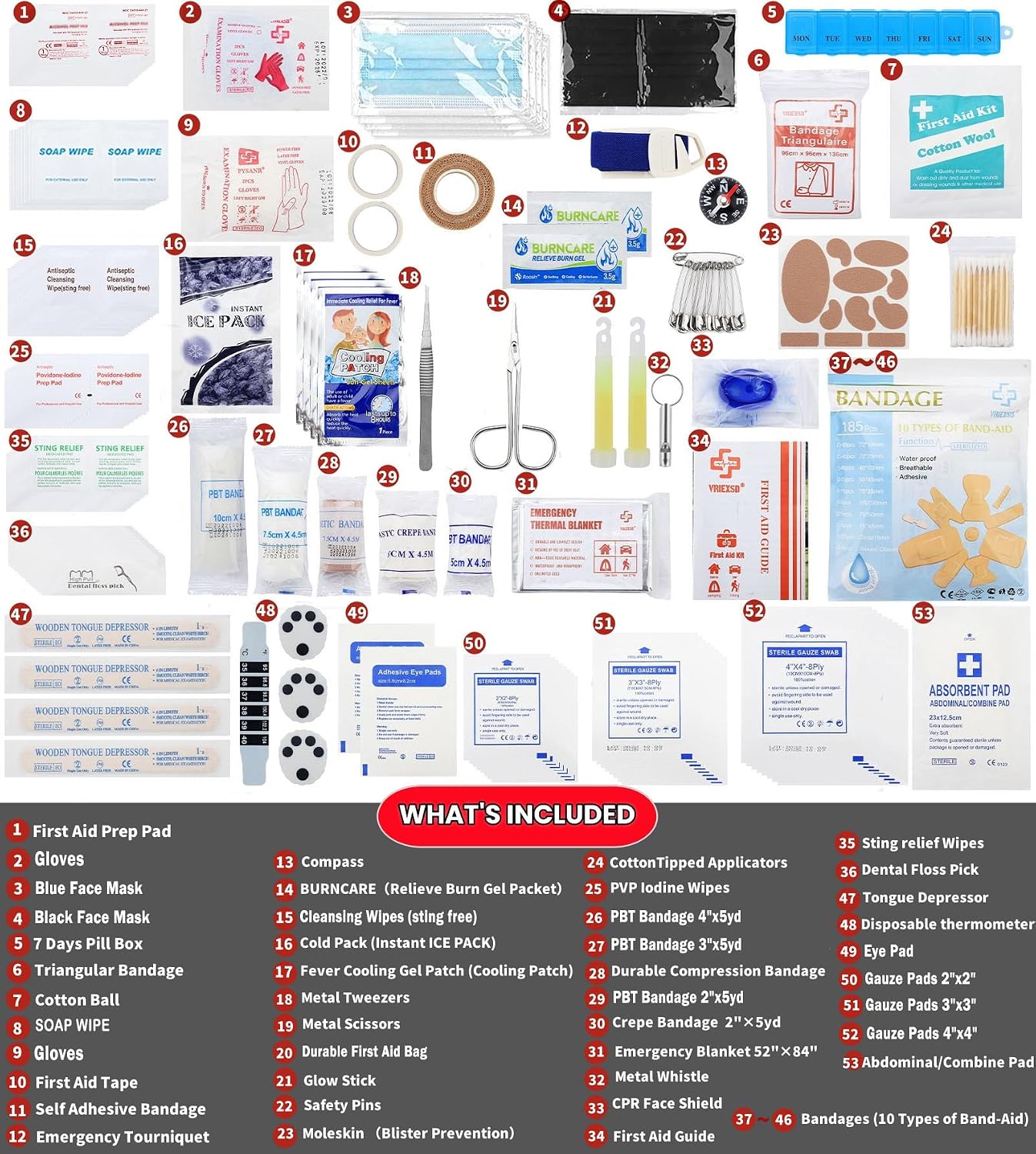 VRIEXSD 400 Piece Large First Aid Kit Premium Emergency Kits for Home, Office, Car, Outdoor, Hiking, Travel, Camping, Survival Medical First Aid Bag, Red - Image 3