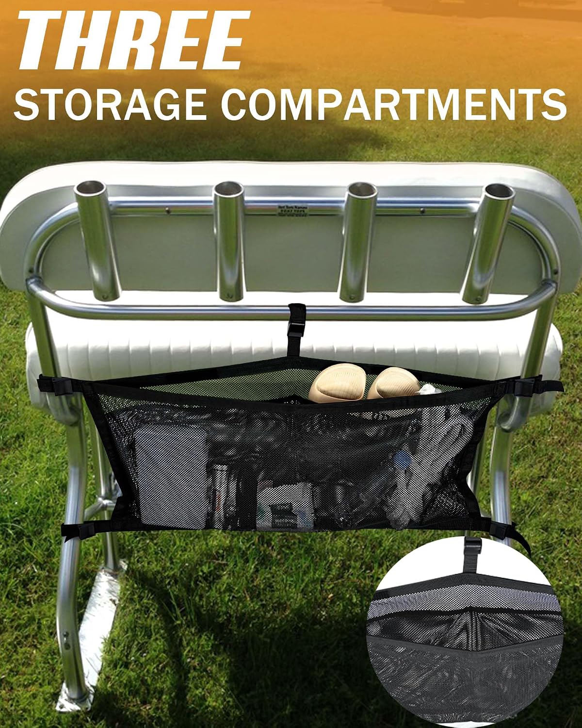 PLOZANO Boat Storage Bag with 3 Divisions, Adjustable Organizer, Mesh Tackle & Life Jacket Holder, Suspended Net for Leaning Post (32 INCH) - Image 3