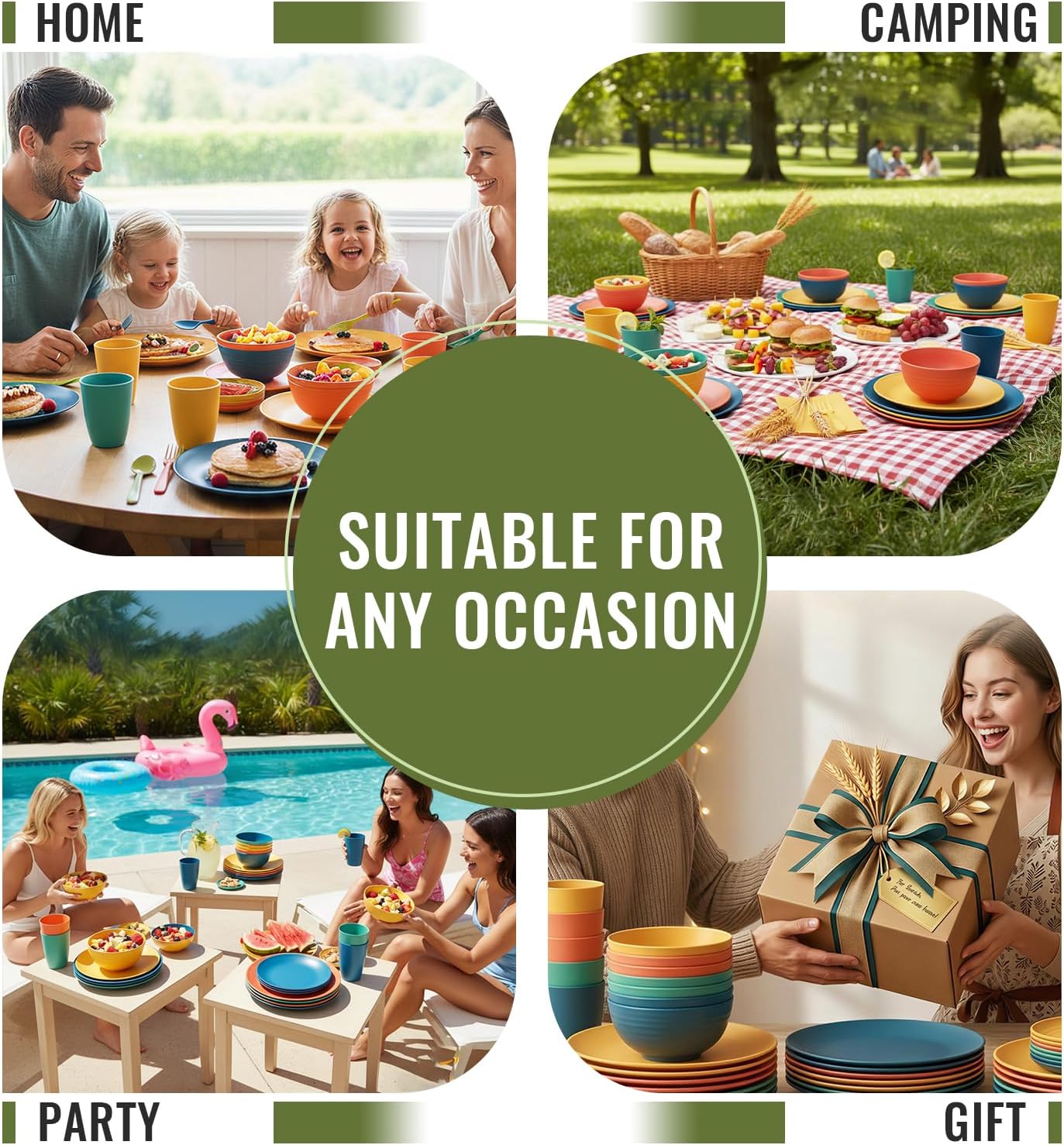 Wheat Straw Dinnerware Set 40 PCS - Service for 8 | Plates and Bowls Sets | Unbreakable Dishes Set - Dinner Plates, Dessert Plate, Cereal Bowls, Drinking Glasses, Dishwasher Safe - Multi - Image 8