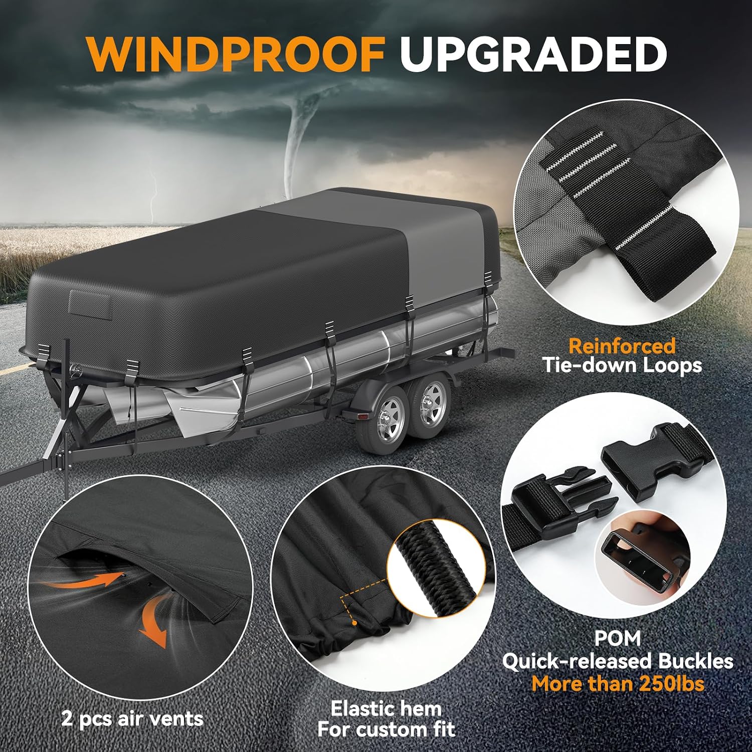 5-Ply 1600D+1200D Pontoon Boat Cover - Fully Waterproof & Ultra-Durable Tear-Resistant, with Large Storage Bag & Reinforced Windproof Straps (Fits 17'-20' Length,102" Width) - Image 6