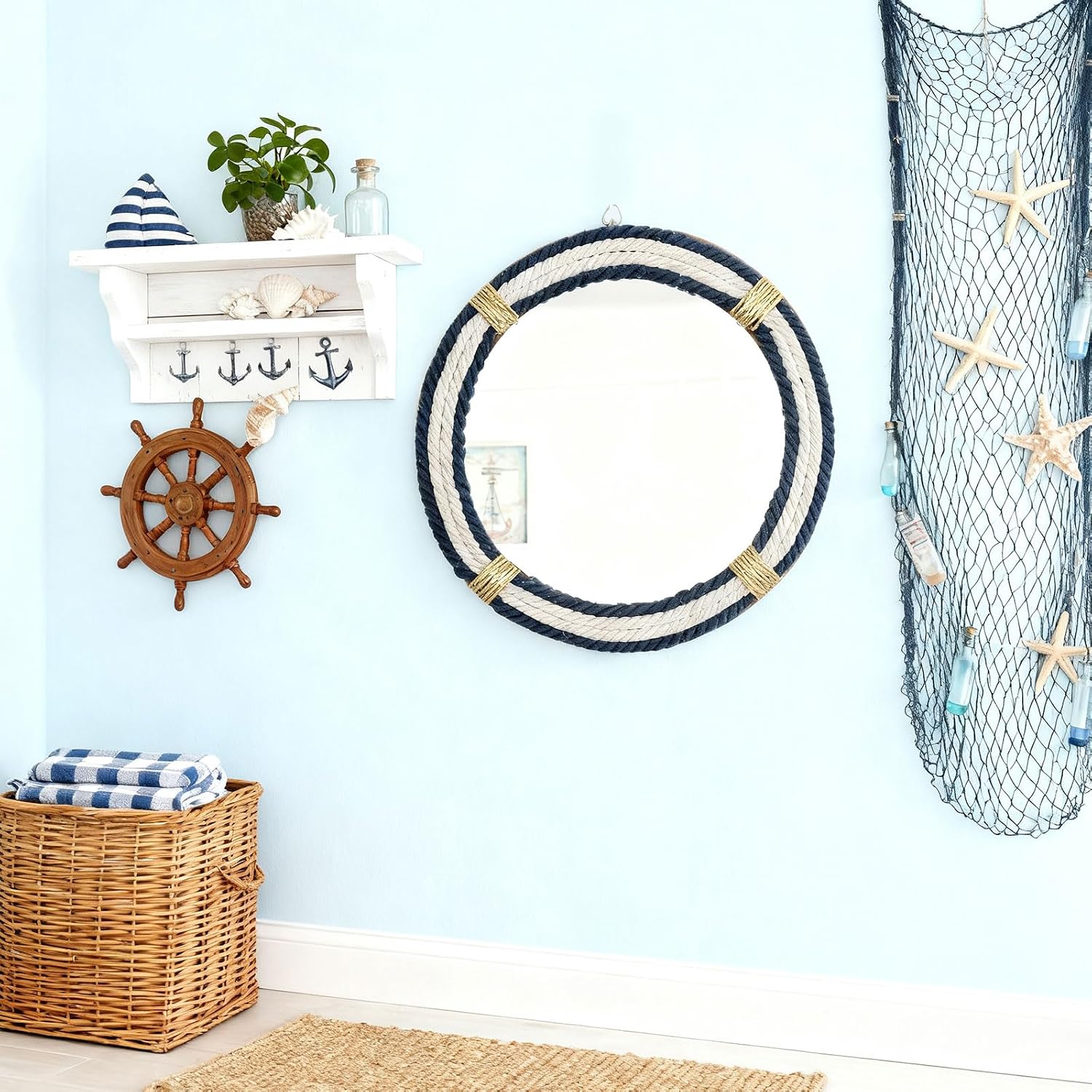 Vercraft Nautical Coastal Mirror 24 Wall Decor with Rope Wrapped Trim and Hanging Loop Round Circle Nursery Mirror Nautical Boho Rustic Decorative for Living Room, Bedroom Blue and White - Image 6