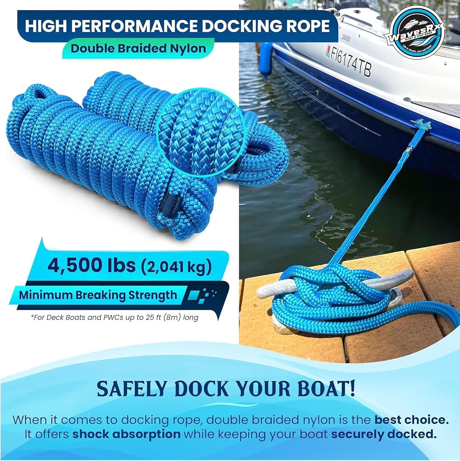Premium Nylon Boat Dock Lines & Ropes for Docking 3/8'' x 15' | Double Braided Marine Rope & Mooring Line| Boat Ropes for Docking with Loop | UV & Saltwater Resistant Dock Ropes for Boats & Pontoons - Image 2