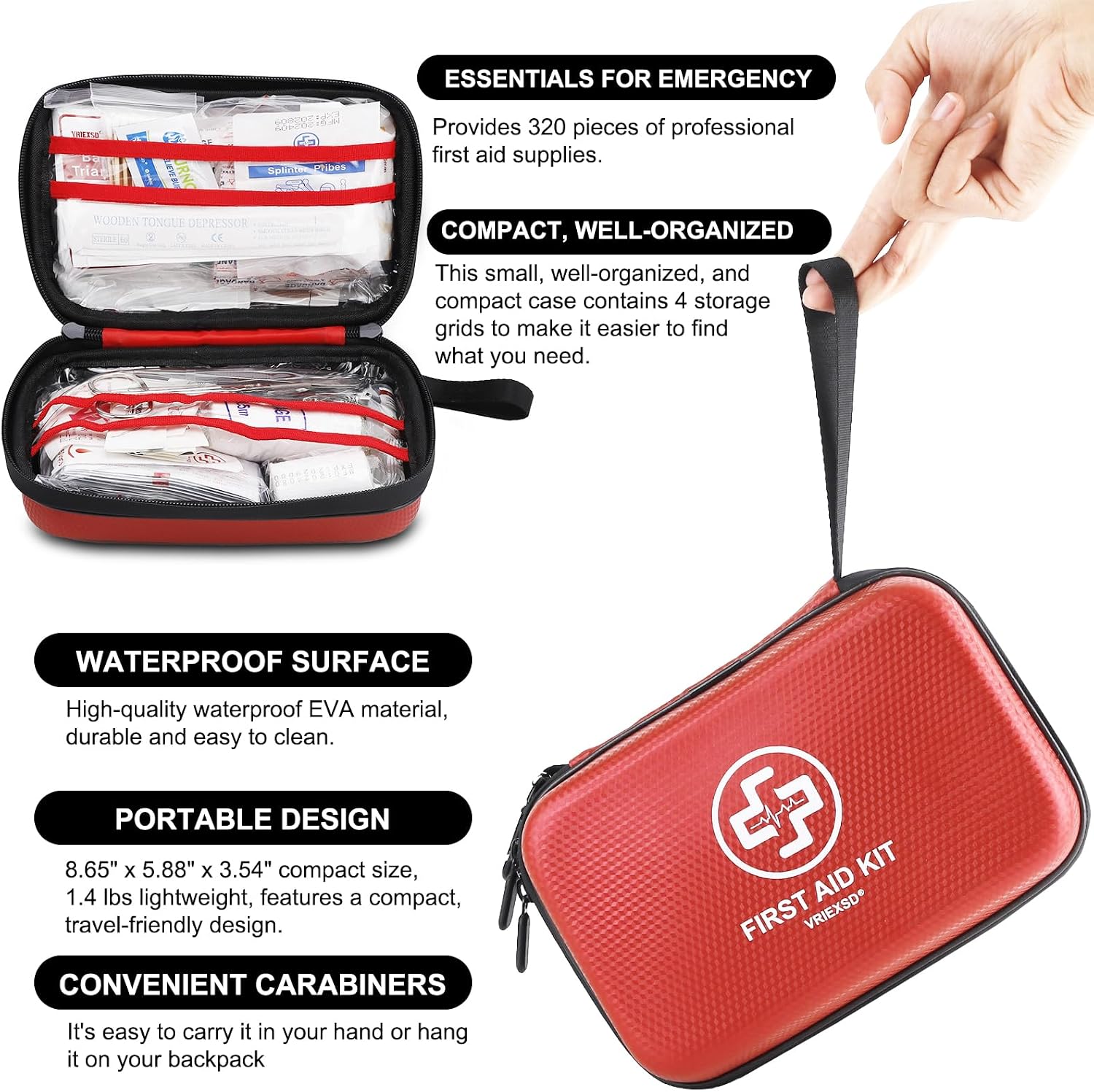 VRIEXSD Premium First Aid Kit, 320 Piece Waterproof Hard Shell Eva First Aid Kit for Home, Camping, Cars, Hiking, Travel, Businesses & Outdoor Emergencies - Emergency Medical Kits (Red) - Image 4