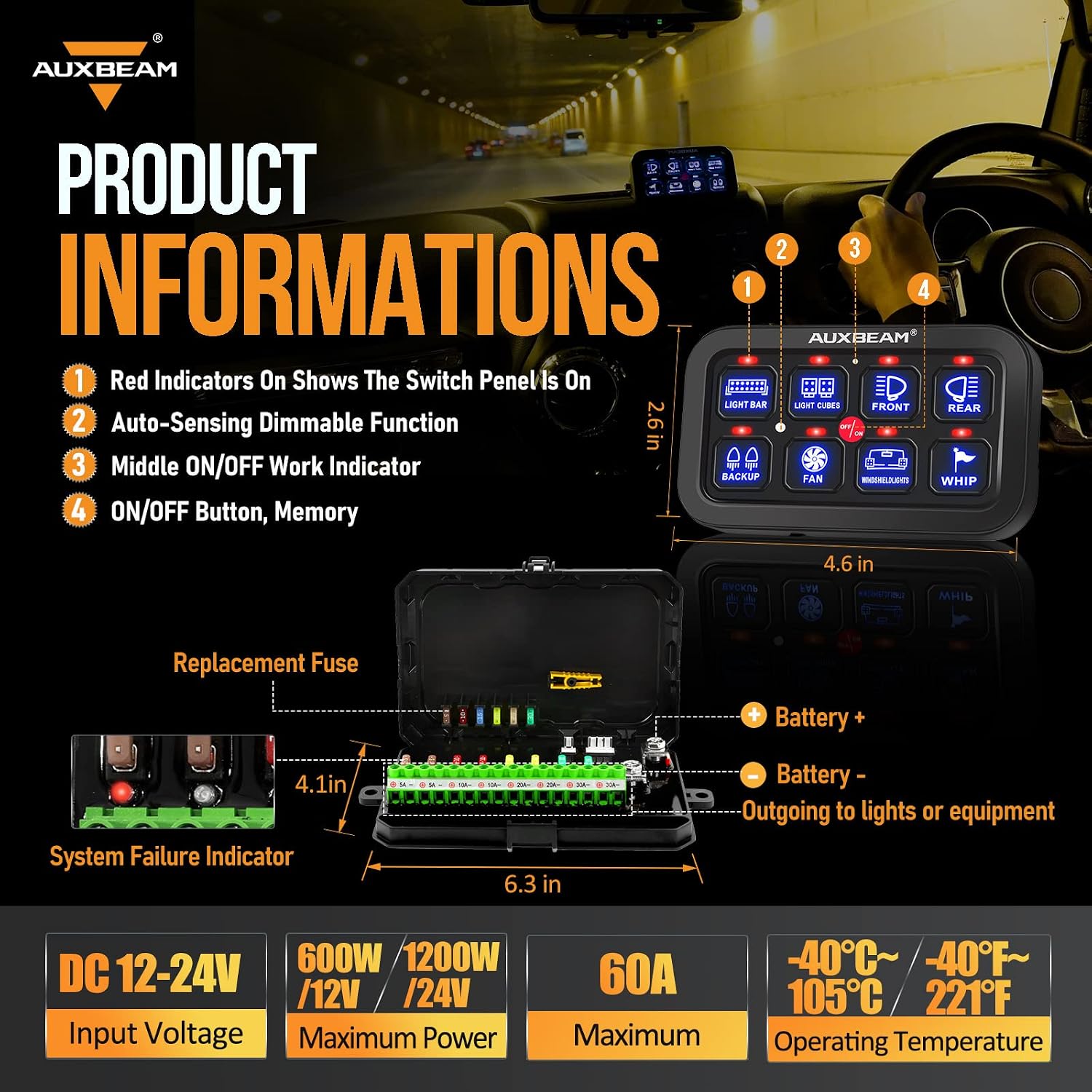 Auxbeam 8 Gang Switch Panel BA80 Automatic Dimmable LED Touch Control Panel Box Electronic Relay System Car Touch Switch Box Universal for Truck ATV UTV Boat Marine SUV Caravan -Blue, 3 Years Warranty - Image 2