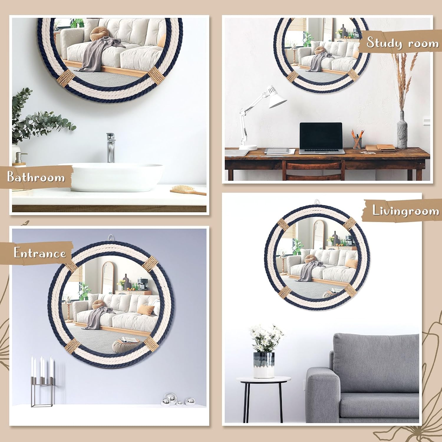 Vercraft Nautical Coastal Mirror 24 Wall Decor with Rope Wrapped Trim and Hanging Loop Round Circle Nursery Mirror Nautical Boho Rustic Decorative for Living Room, Bedroom Blue and White - Image 5