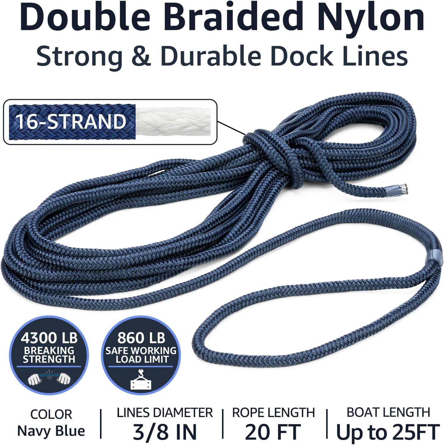 2-Pack Double Braid 3/8" x 20' Dock Lines – Nylon Boat Ropes for Docking with 12" Spliced Eye – Heavy Duty Marine Rope – Soft & Durable Boat Lines for Pontoon and Light Boat (Navy Blue) - Image 2
