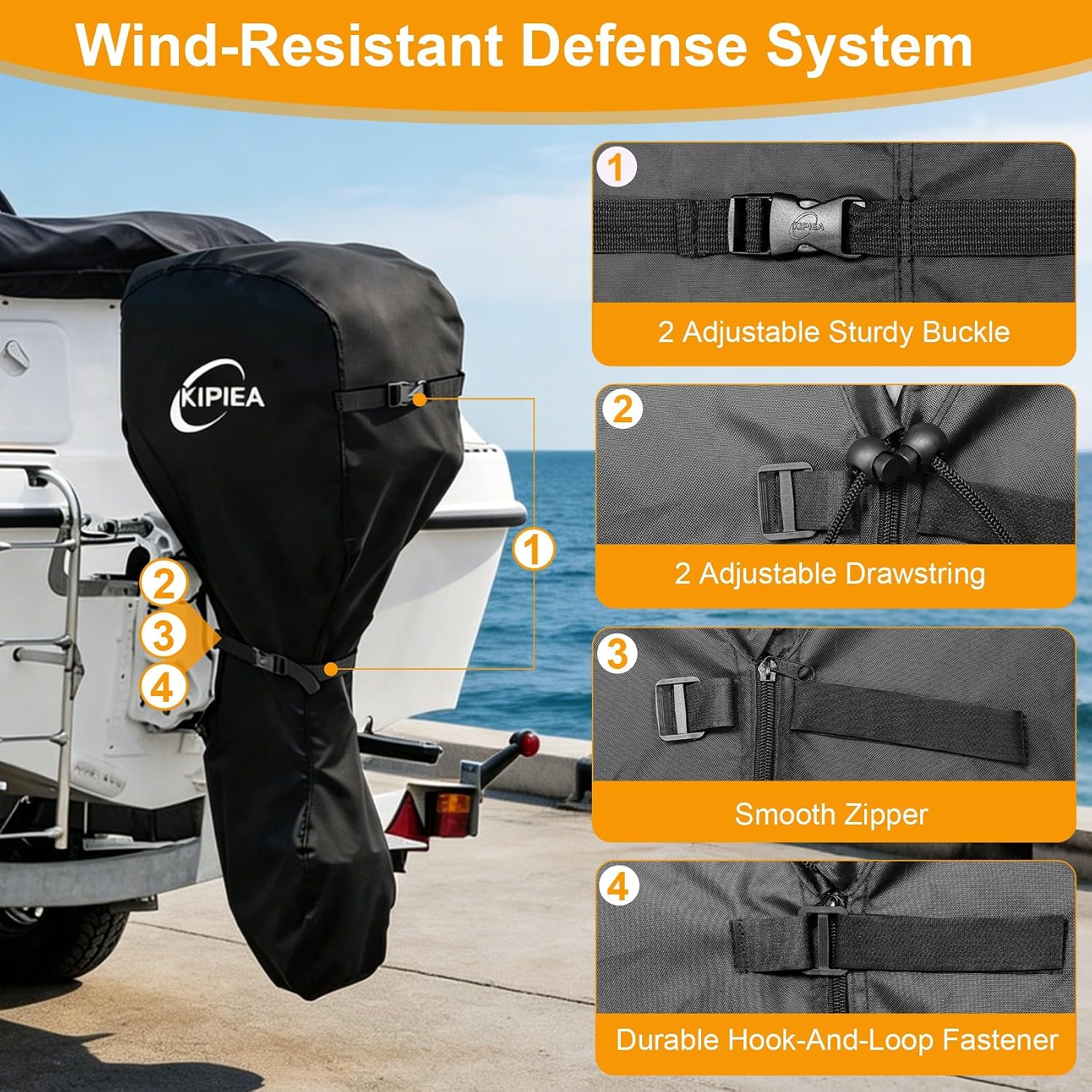 Kipiea 1300D Outboard Motor Cover Heavy Duty Waterproof, Trailerable Full Boat Engine Cover Anti UV, No Tears & No Fading, Boat Motor Cover Fit for Motor 115-150HP (100" Circumference x 75" Height) - Image 5