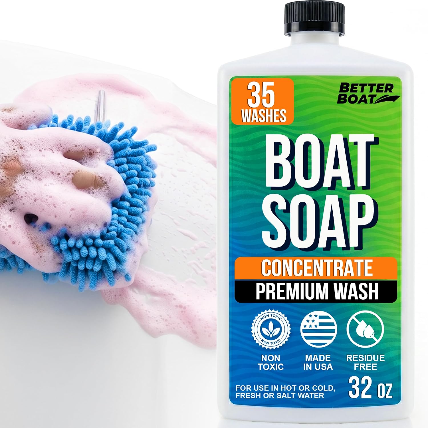 Premium Grade Boat Soap, Marine Concentrate Cleaner, Wash and Wax for Freshwater and Saltwater Use, Cleans Fiberglass Boat Hulls, RVs, Marine Cleaning Supplies