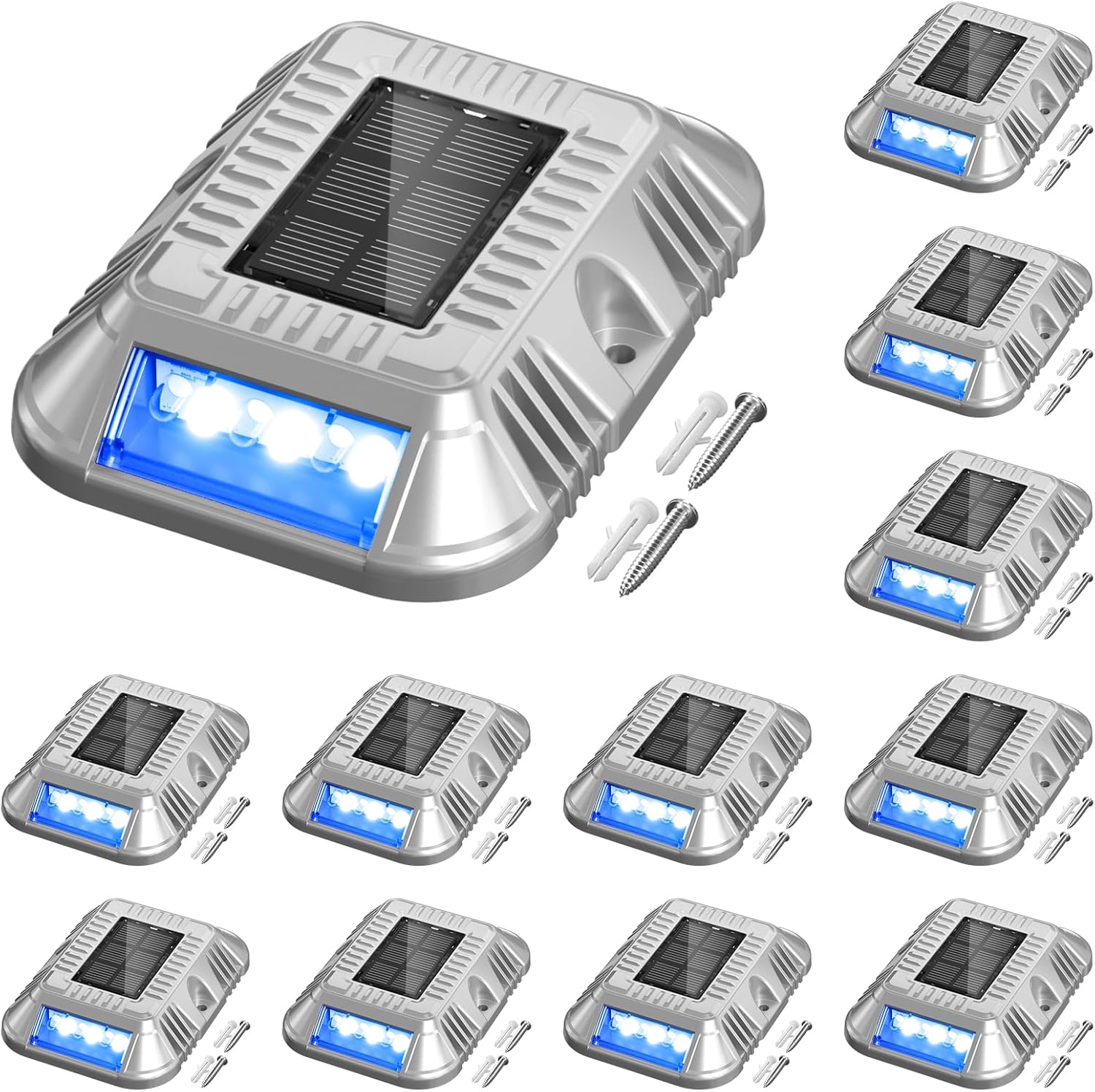addlon Solar Dock Lights Marine 12 Pack, 2CCT Outdoor Driveway Marker Deck Lights, IP67 Waterproof, Solar Powered Deck Light for Pathway Warning Step Sidewalk Patio, Blue Light & Cool White, FCC