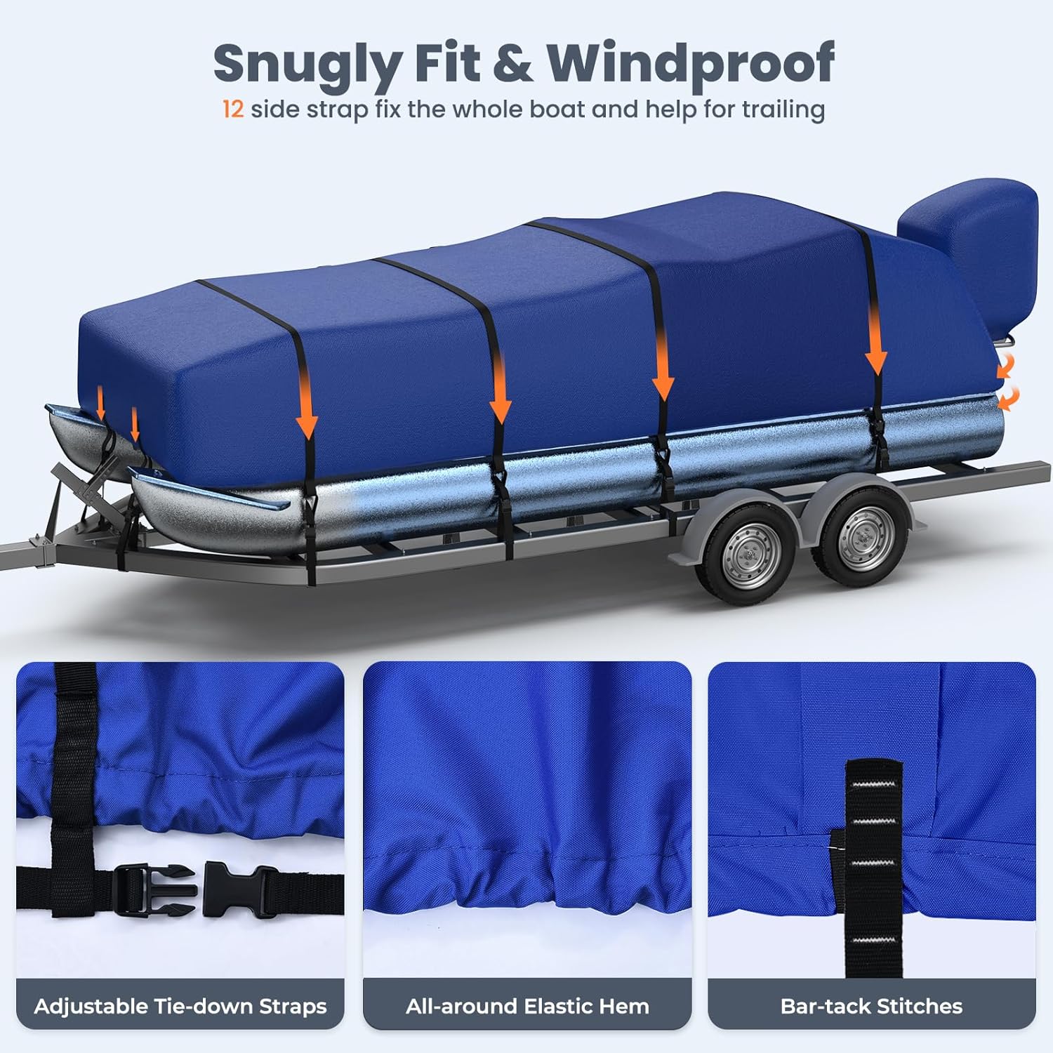 RVMasking Pontoon Boat Cover with Motor Cover, 1400D Heavy Duty Middle Reinforced, Marine Grade Waterproof Boat Cover for Length: 21'-24', Beam Width up to 102", Blue - Image 6