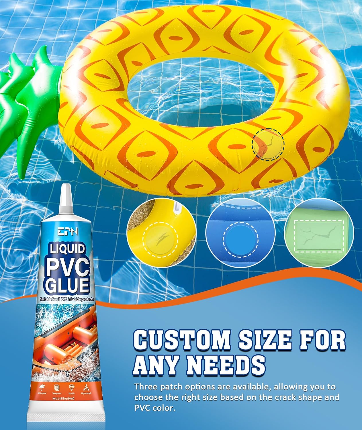 EPN Air Mattress Patch Kit, Waterproof Vinyl Pool Liner Repair Kit for Inflatables, Air Mattress, Swimming Ring, Tent, Bounce House, Inflatable Toys, Hot Tub, PVC Boat, Raft, Kayak (80 ML) - Image 4