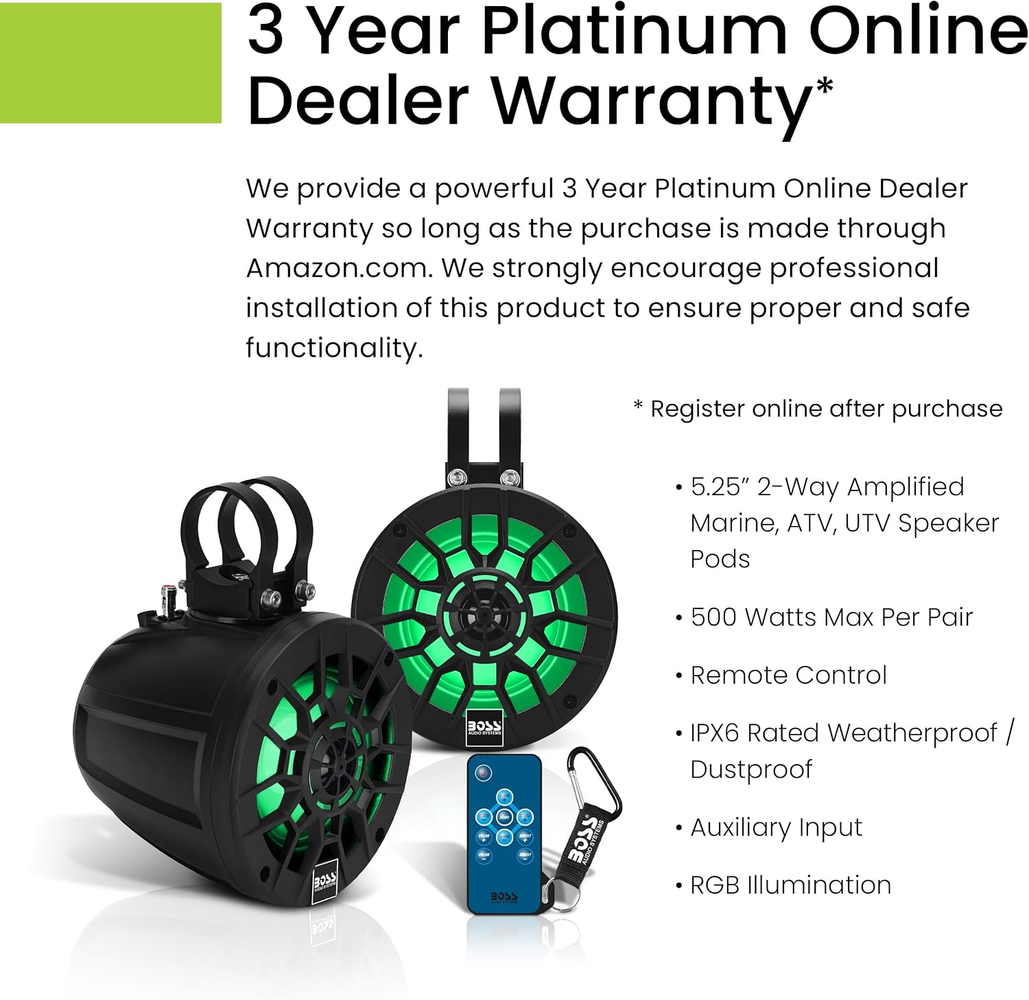 BOSS Audio Systems MPWT50RGB ATV UTV Marine Boat 5.25 Inch Stereo Wake Tower Speakers – Full Range, 2 Way, IPX6 Weatherproof, Multi-Color Illumination, 500 Watts Per Pair, Golf Cart Compatible - Image 3