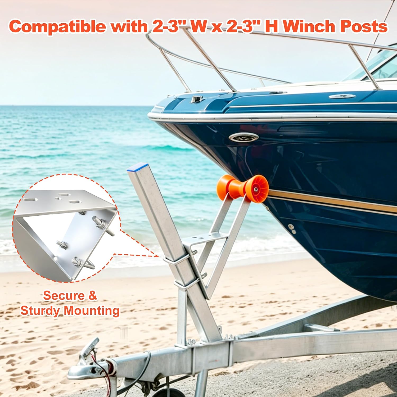 Boat Trailer Winch Stand, 5mm Galvanized Steel, 5.1" PU Orange Roller & U-Bolts, Heavy-Duty Winch Post Fits 2-3" W x 2-3" H, for Fishing Boat, Jet Ski, Speedboat, Sailboat - Image 4