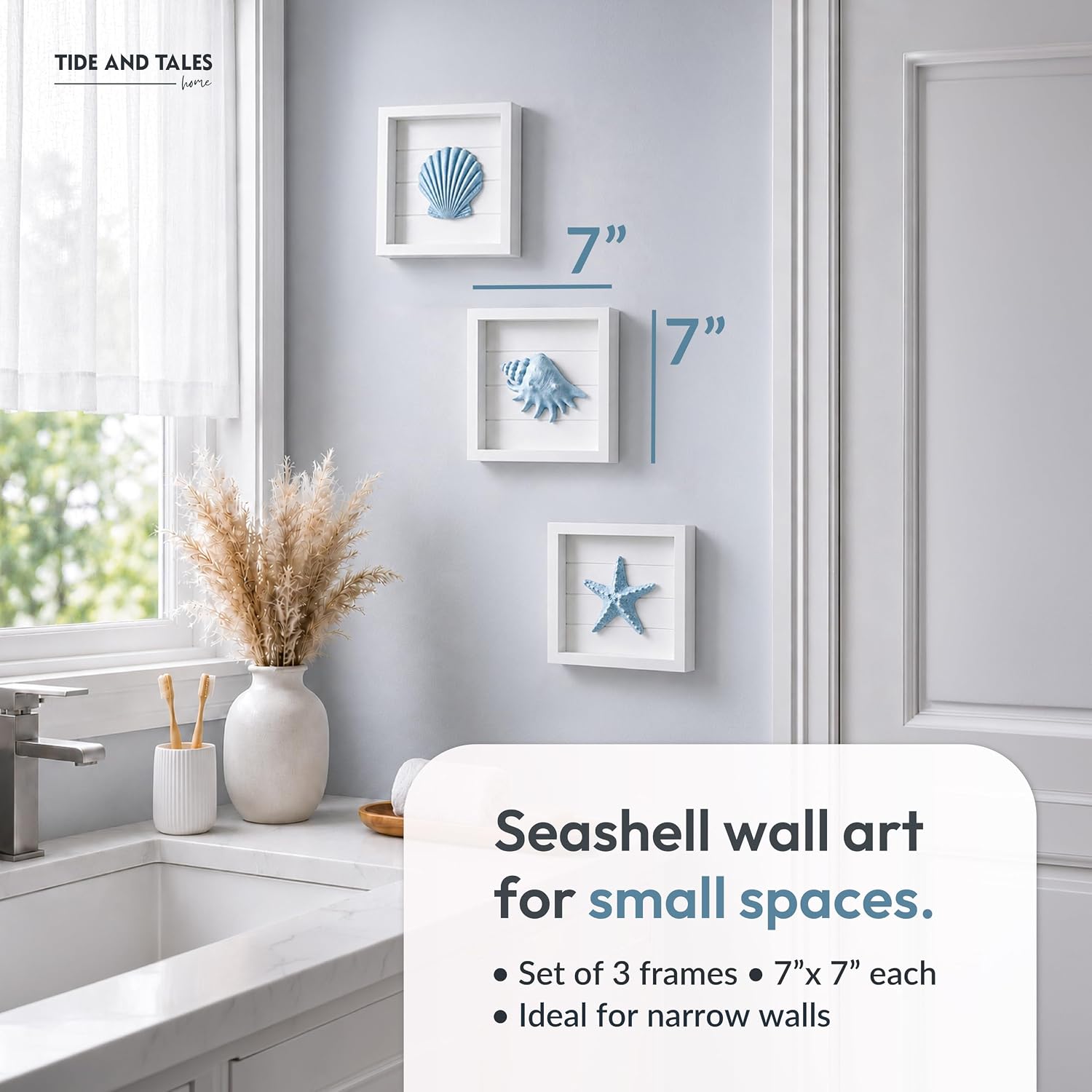 TideAndTales Blue Seashells and Starfish (Framed Set of 3) Coastal 3D Wall Art, Beach Wall Decor for Bathroom or Coastal Bedroom, Ocean Inspired Seaside Decorations for Home or Beach House (7"x7") - Image 2