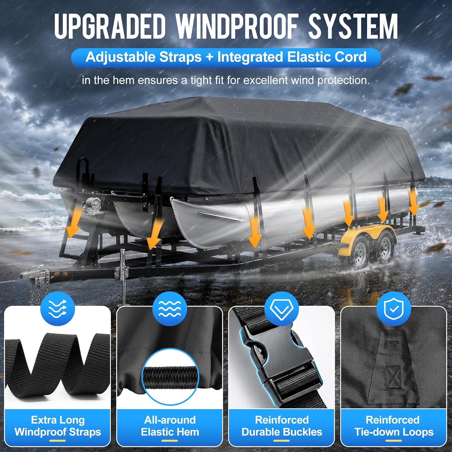 Pontoon Boat Cover 16-18 ft, 1200D Heavy Duty Waterproof Trailerable Cover for Pontoon Boats Up to 8 ft Beam, 12 Straps, Elastic Hem &Outboard Motor Cover, Black - Image 3