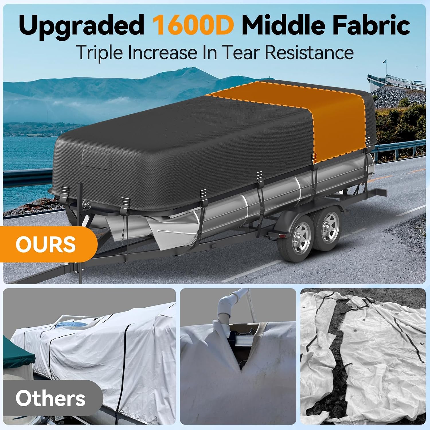 5-Ply 1600D+1200D Pontoon Boat Cover - Fully Waterproof & Ultra-Durable Tear-Resistant, with Large Storage Bag & Reinforced Windproof Straps (Fits 17'-20' Length,102" Width) - Image 5