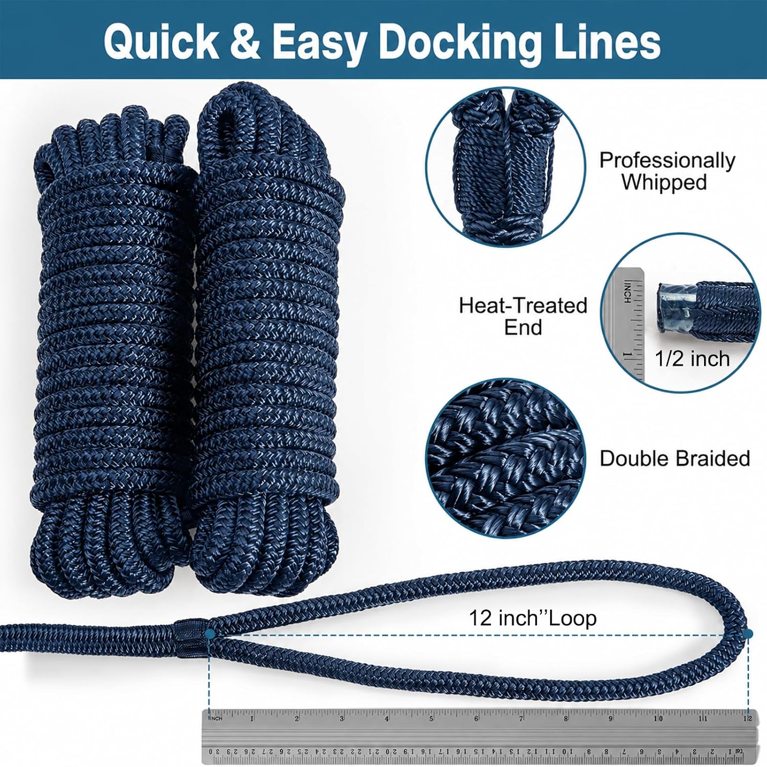 2 Pack 1/2" x 25' Boat Dock Lines,Double Braided Nylon Boat Ropes,Pre-Spliced with 12''Loop Mooring Ropes,Marine Grade Boat Line Dock Rope for Pontoon & Boat,High Strength,Abrasion Resistant-Navy Blue - Image 4