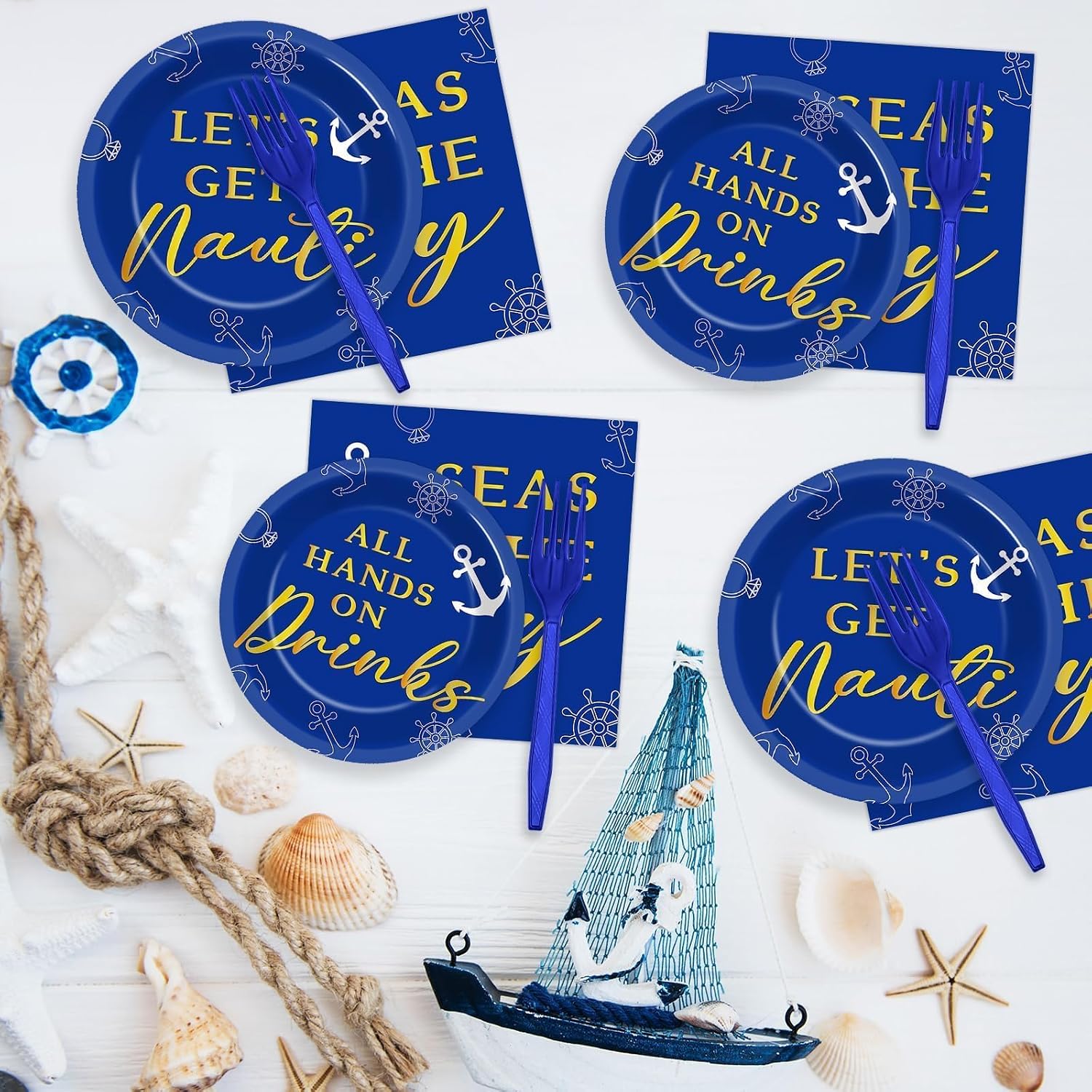 96 Pcs Nautical Bachelorette Party Plates and Napkins for Let's Get Nauti Yacht Party Supplies Nautical Sailor Themed Paper Dessert Plates Bridal Shower Tableware Set for 24 Guests Party Decorations - Image 4