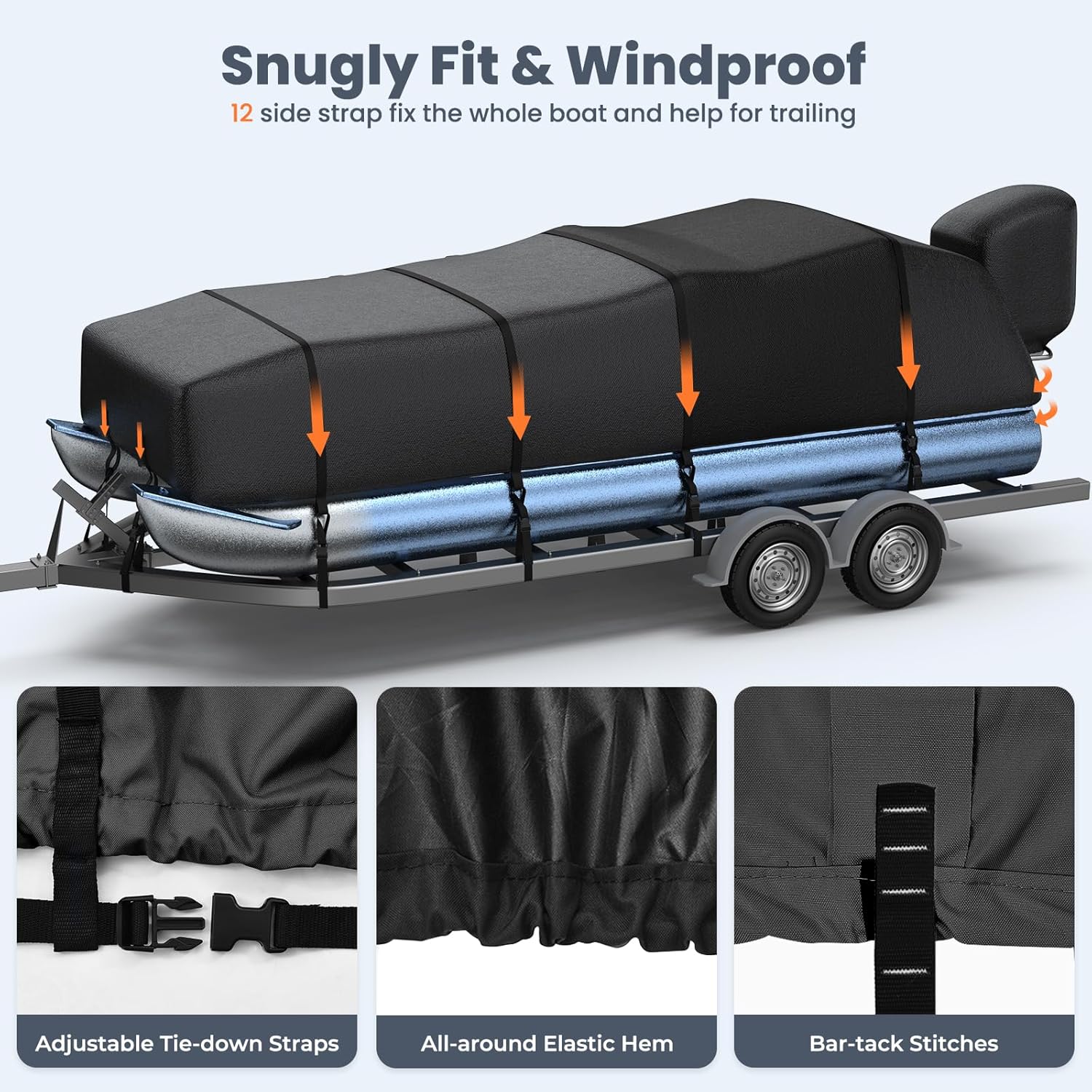 RVMasking Pontoon Boat Cover with Motor Cover, 1400D Heavy Duty Middle Reinforced, Marine Grade Waterproof Boat Cover for Length: 21'-24', Beam Width up to 102", Black - Image 6