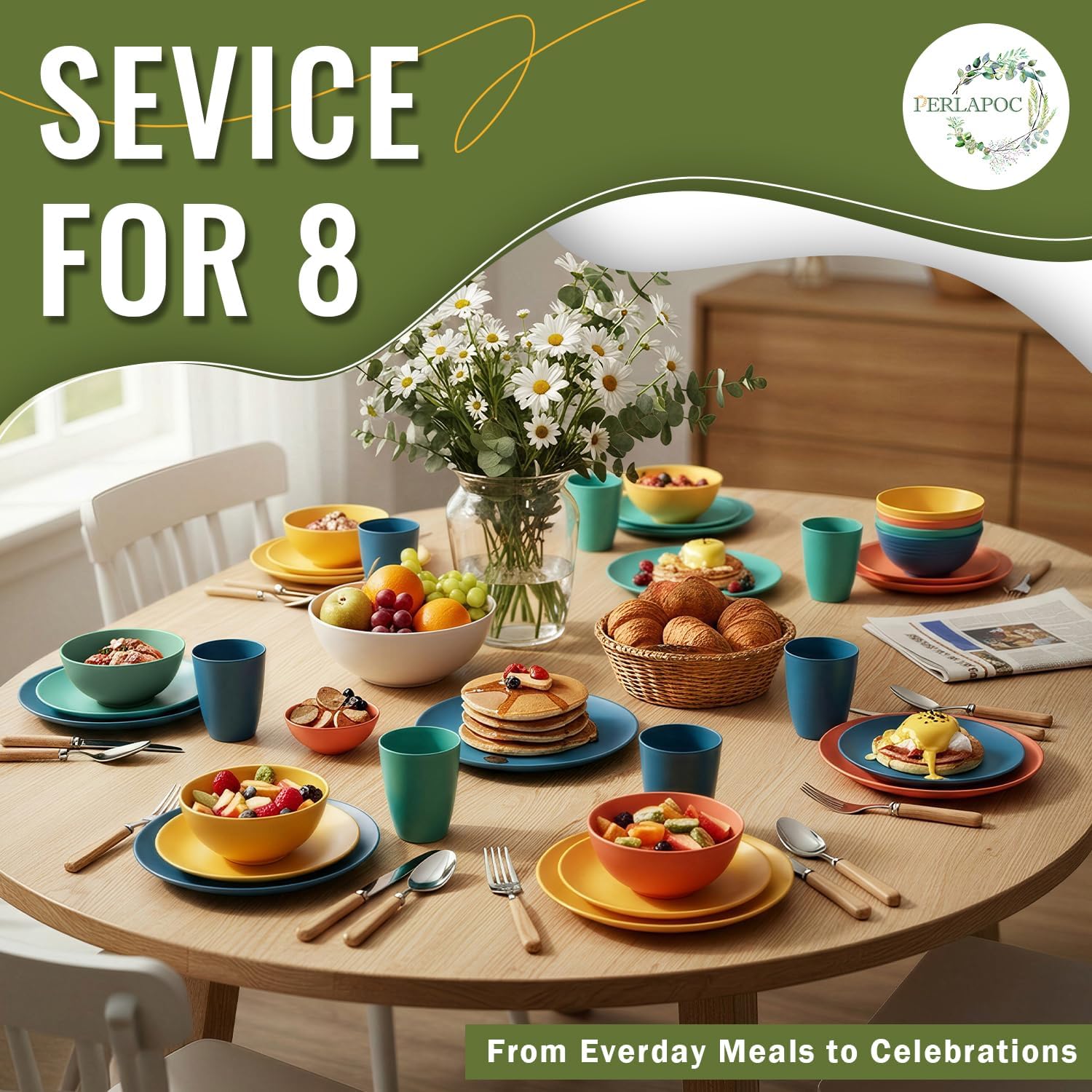 Wheat Straw Dinnerware Set 40 PCS - Service for 8 | Plates and Bowls Sets | Unbreakable Dishes Set - Dinner Plates, Dessert Plate, Cereal Bowls, Drinking Glasses, Dishwasher Safe - Multi - Image 7