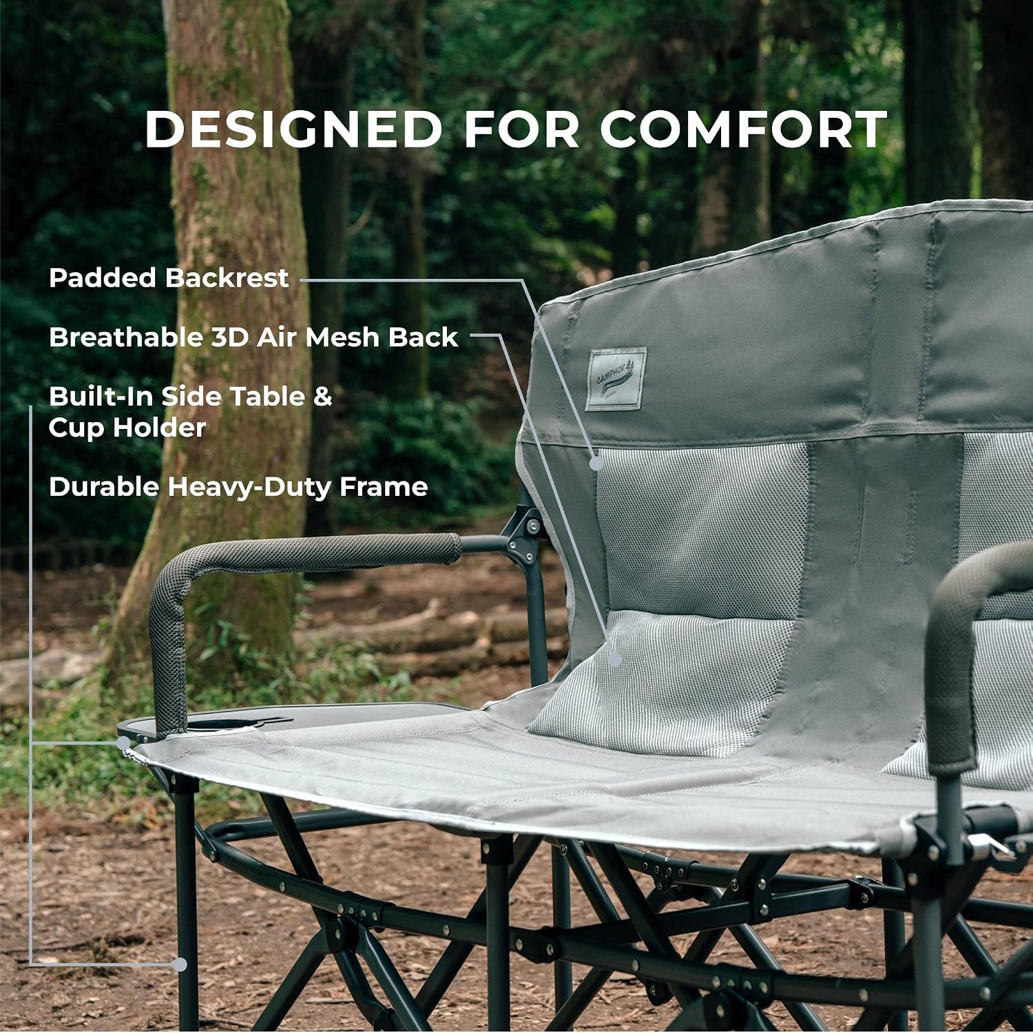 Camphor Designs Oversized Double Portable Folding Director’s Loveseat Chair with Padded Backrest, Side Table | Outdoor Sports, Beach, Lawn, Hunting, Tailgating, Fishing| Supports 300 Lbs/Seat - Image 4