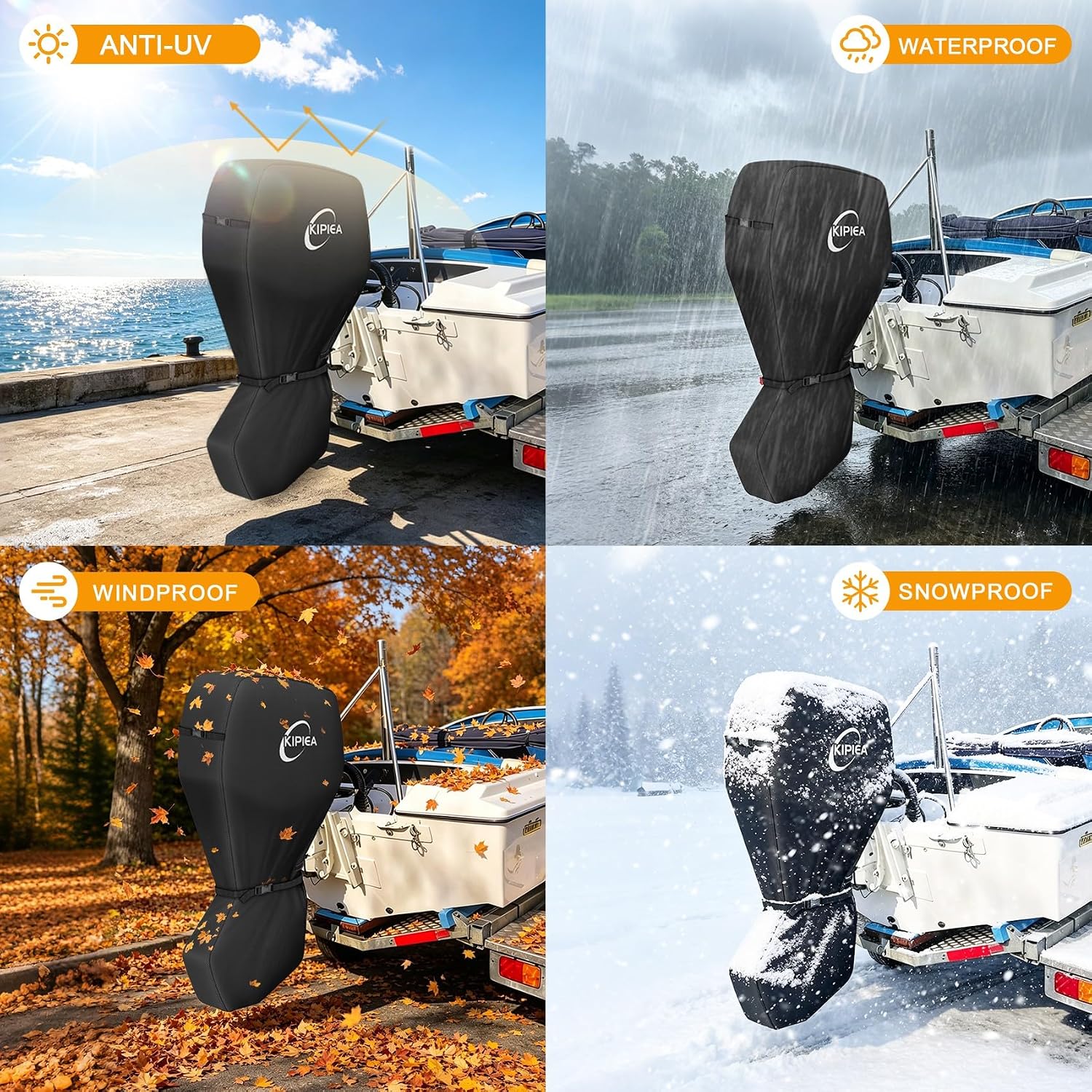 Kipiea 1300D Outboard Motor Cover Heavy Duty Waterproof, Trailerable Full Boat Engine Cover Anti UV, No Tears & No Fading, Boat Motor Cover Fit for Motor 115-150HP (100" Circumference x 75" Height) - Image 8