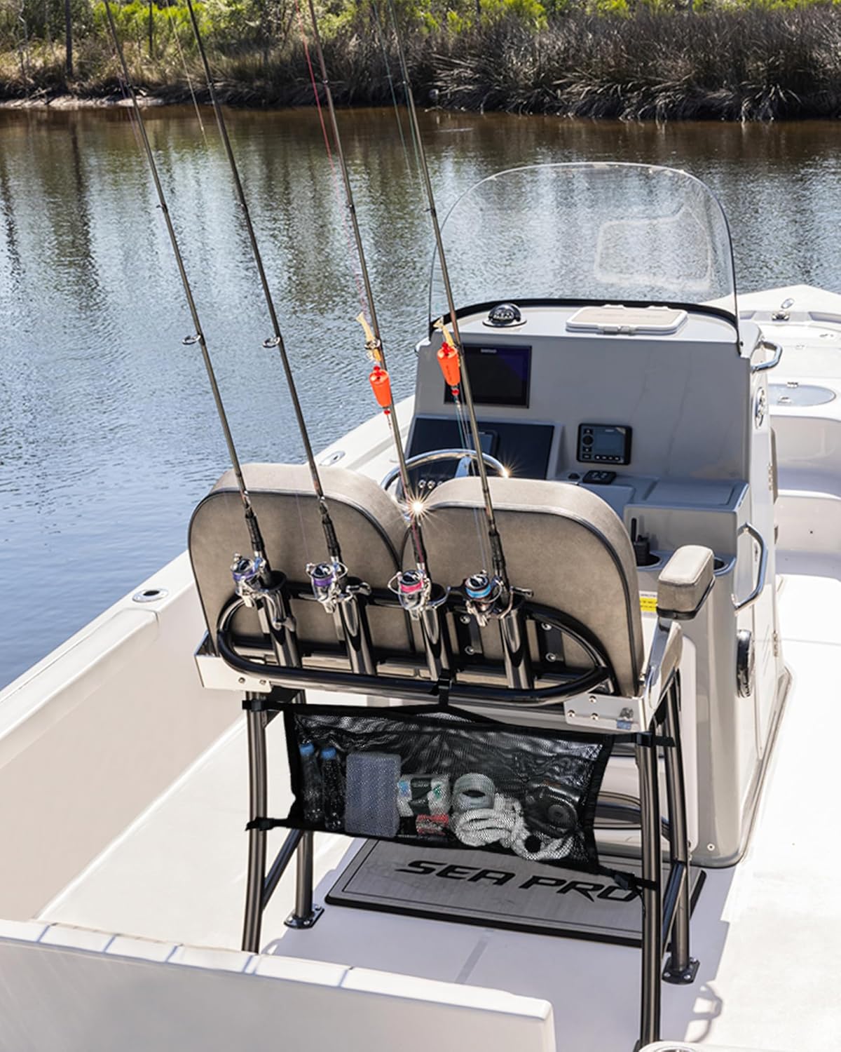 PLOZANO Boat Storage Bag with 3 Divisions, Adjustable Organizer, Mesh Tackle & Life Jacket Holder, Suspended Net for Leaning Post (32 INCH) - Image 6