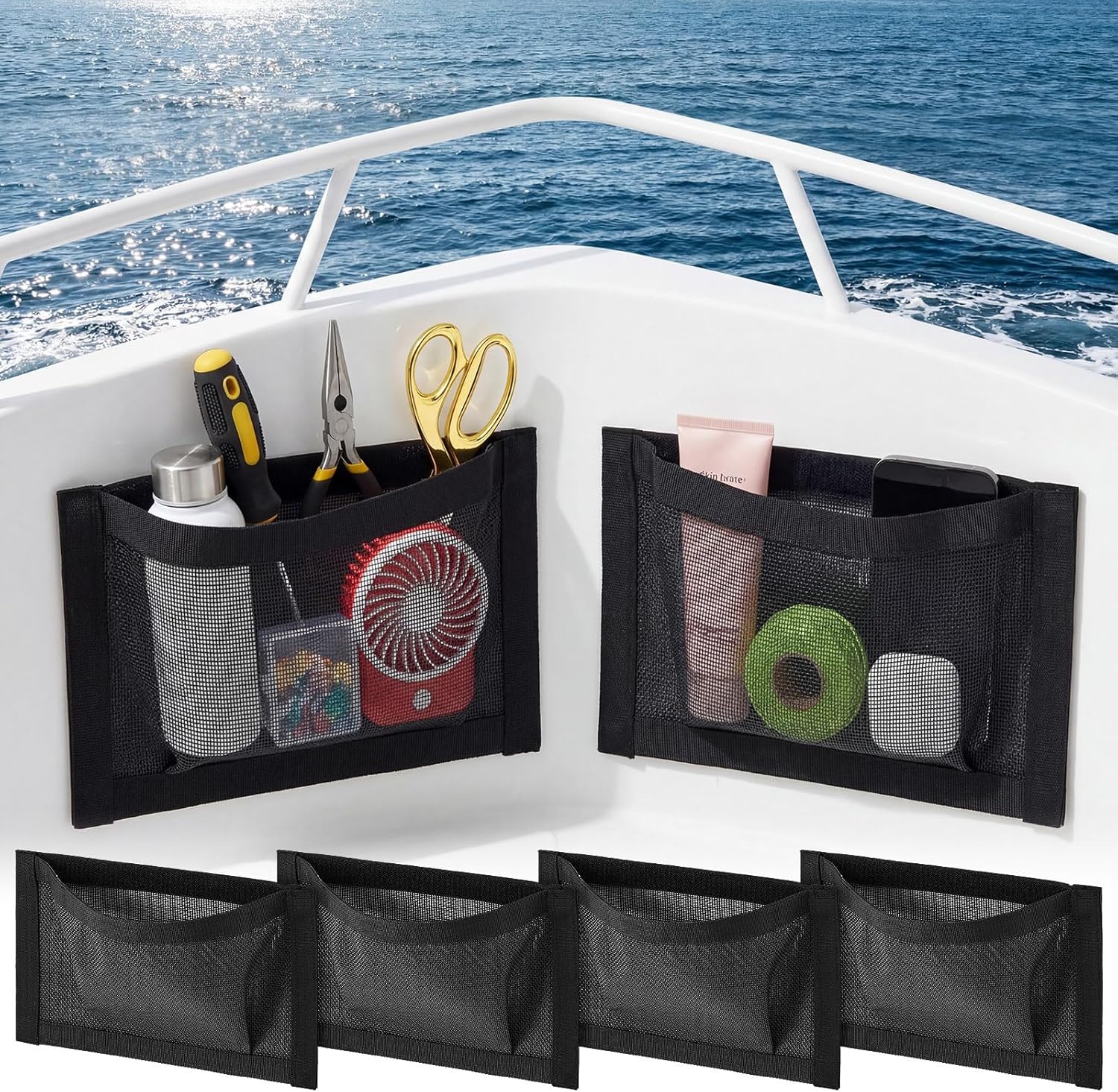 4 Pcs 10" x 7" Self-Adhesive Boat Storage Mesh Bag, Tear Resistant Waterproof Boat Storage Accessories, Sailboat Pontoonboat Caddy Organizer for Tackle, Tools, Gear, Gloves Small Items