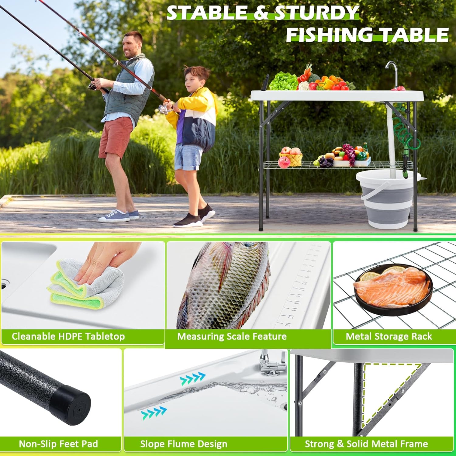 Folding Fish Cleaning Table with Collapsible Bucket, Portable Outdoor Fillet Station Camping Sink Table with Faucet, Drainage Hose & Sprayer, Grid Rack, Knife Groove for Picnic Fishing - Image 7