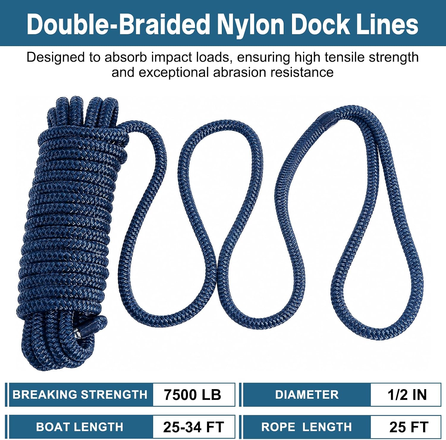 2 Pack 1/2" x 25' Boat Dock Lines,Double Braided Nylon Boat Ropes,Pre-Spliced with 12''Loop Mooring Ropes,Marine Grade Boat Line Dock Rope for Pontoon & Boat,High Strength,Abrasion Resistant-Navy Blue - Image 3