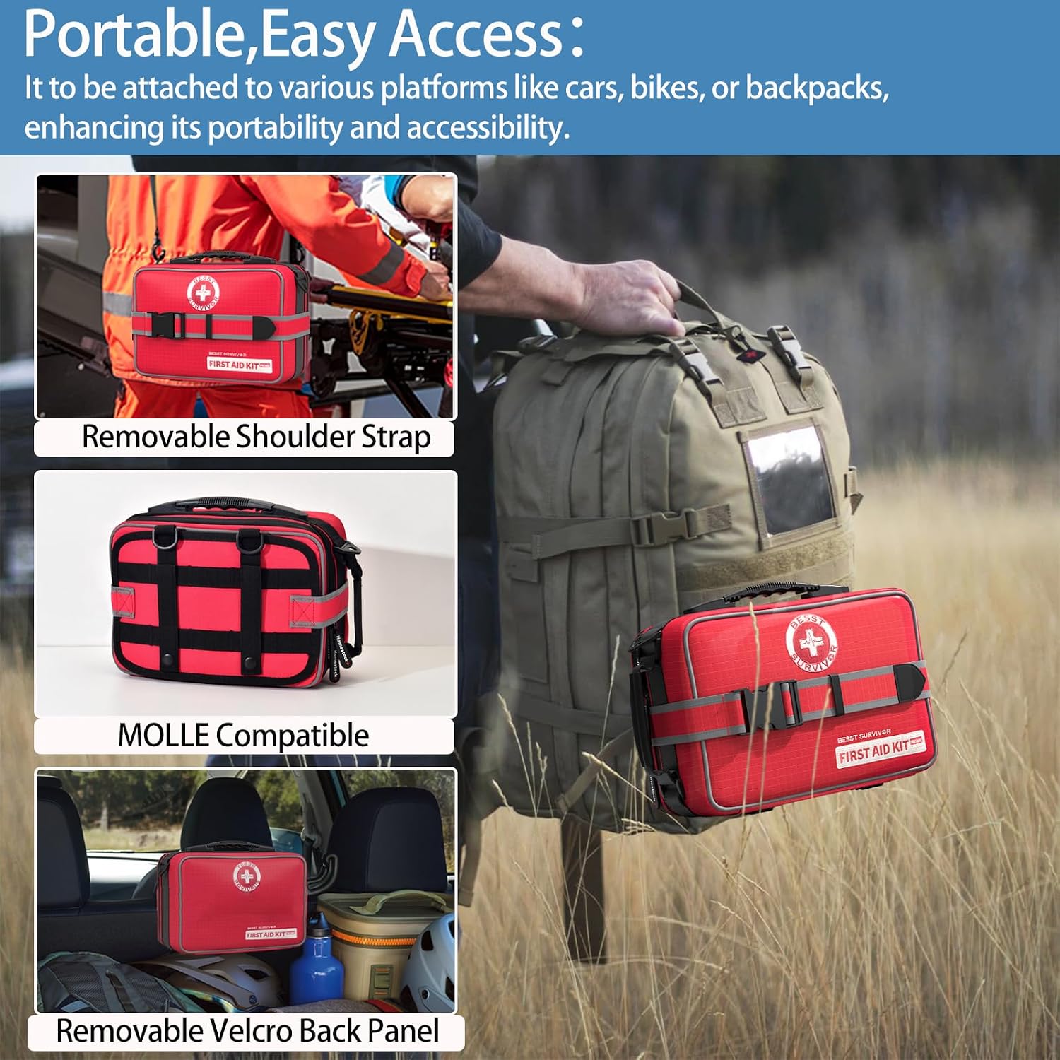Besst Survivor 401 Pieces First Aid Kit with 2 Chest Seals & Israeli Bandage -Waterproof, Expandable Trauma Bag for Home, Car, Camping, Outdoor Emergency (Labeled Compartments, MOLLE Mountable) - Image 6