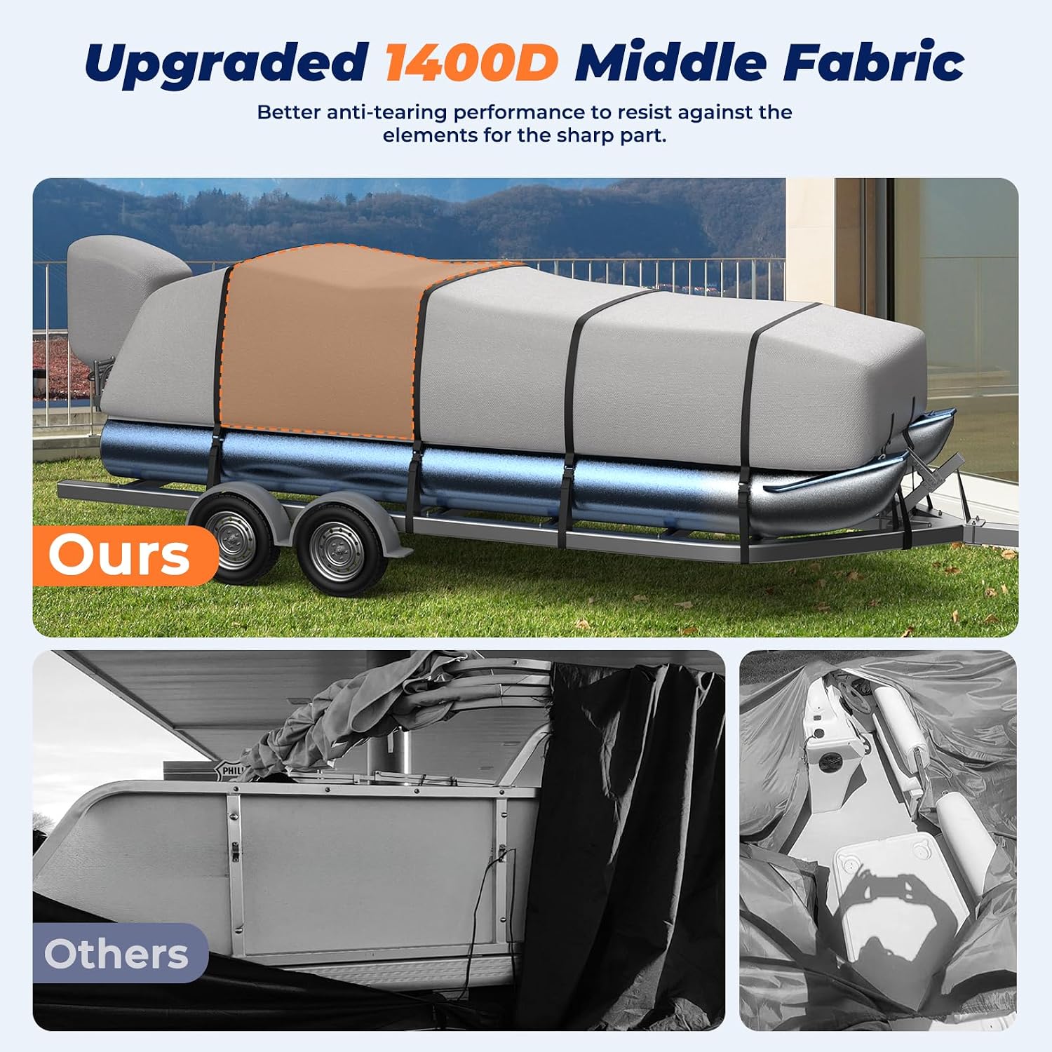 RVMasking Pontoon Boat Cover with Motor Cover, 1400D Heavy Duty Middle Reinforced, Marine Grade Waterproof Boat Cover for Length: 21'-24', Beam Width up to 102", Gray - Image 5