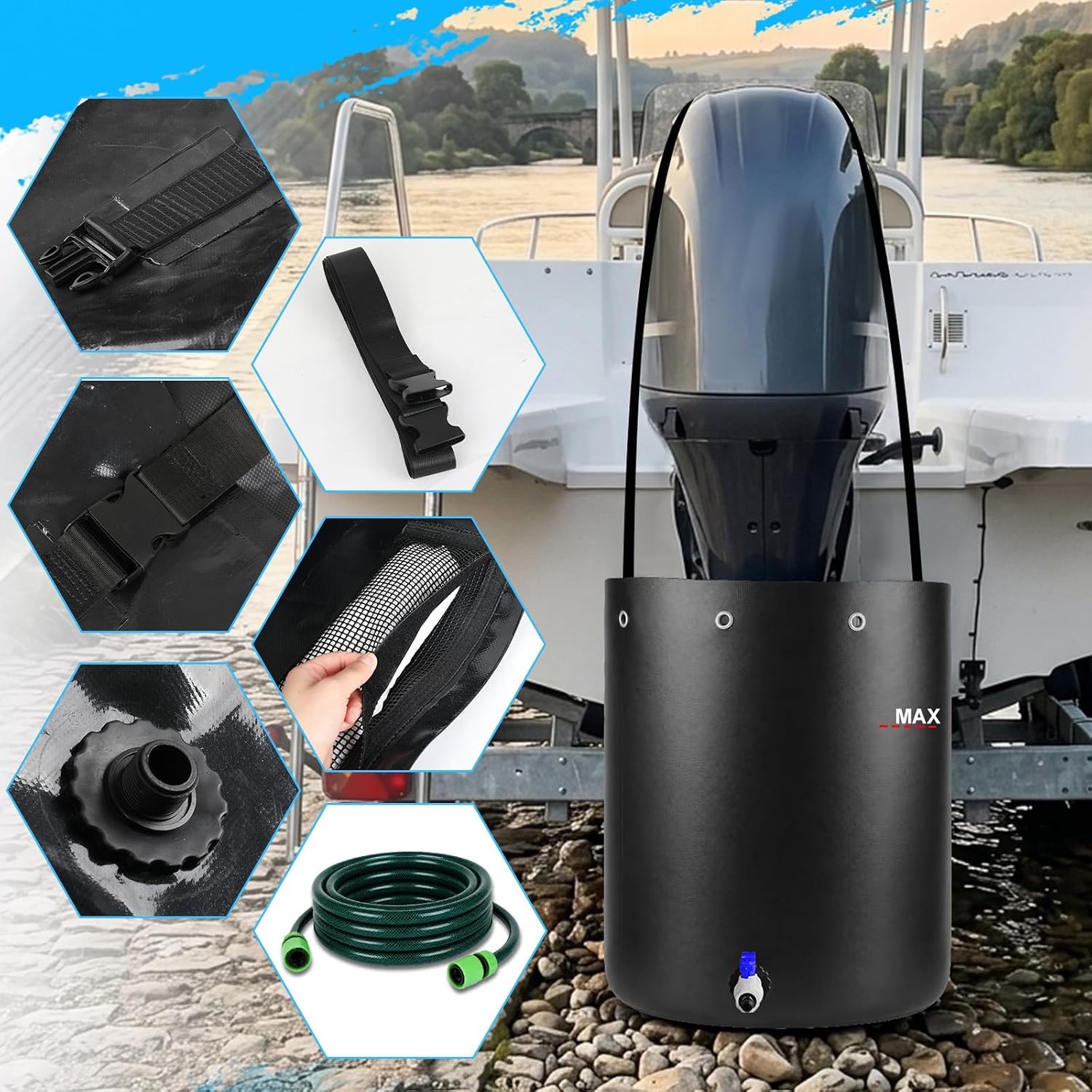 70 Gallon Outboard Motor Flushing Bag with Salt-Removing Mixer & Oil Absorbent Sock, Heavy Duty Boat Engine Flush Kit for Yamaha, Mercury, Suzuki Motors up to 350HP - Image 4