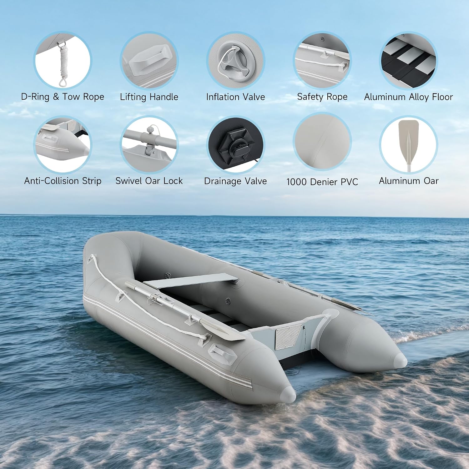 CO-Z 10ft Inflatable Dinghy Boat for 4 Adults, 990lb Capacity Heavy-Duty PVC Raft with Aluminum Floor & Oars, Motor Mount, Kayak-Style Tender for Fishing, Rescue & Water Sports - Image 7