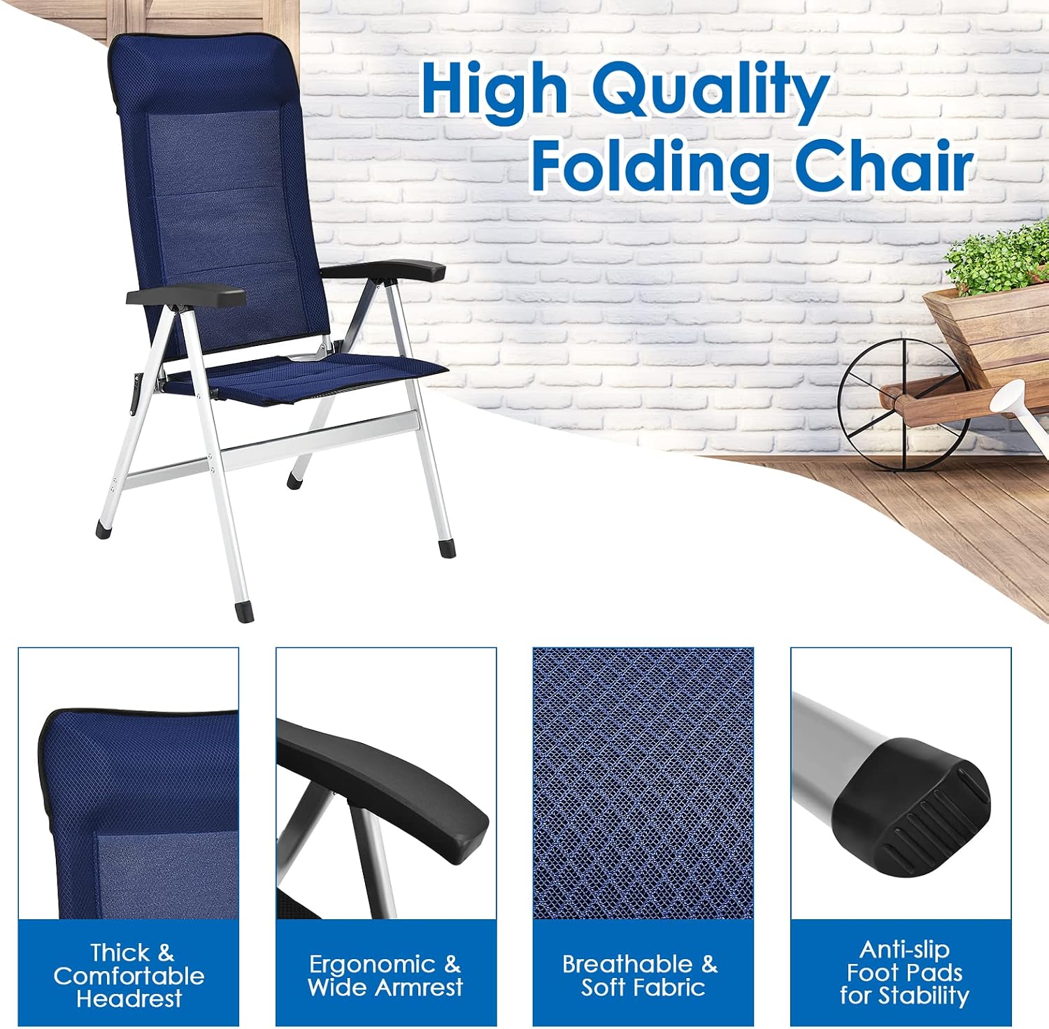 Tangkula Set of 2 Patio Folding Chairs, Portable Reclining Chairs with 7-Position Adjustable Back & Padded Headrest, Outdoor Indoor High Back Chaise Lounge Armchair for Poolside, Yard, Lawn, Navy - Image 6