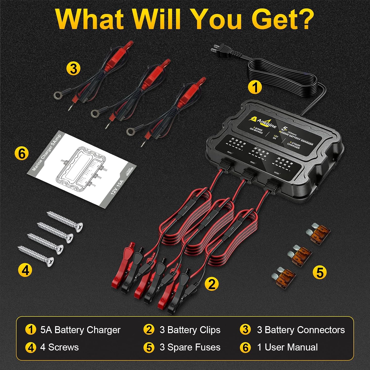 3 Bank Marine Battery Charger, 12V (5A/Bank) IP68 Waterproof LCD Onboard Battery Charger with Overcharge Protection & Temperature Compensation- for Lead-Acid, AGM, EFB, LiFePO4, Lithium, Boat, Car, RV - Image 8