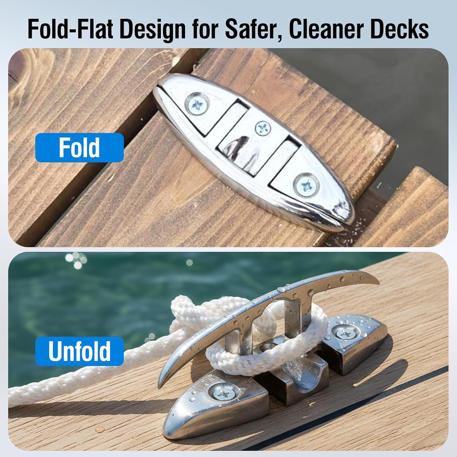 5" 6" Folding Boat Cleats Marine Grade 316 Stainless Steel Flip up Boat Dock Cleats Rope Cleat with Backing Plates for Deck, Kayak Yacht - Image 4
