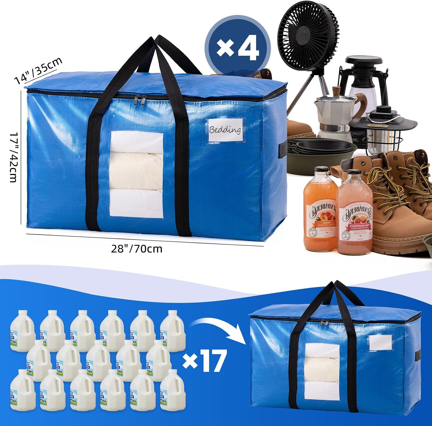 TAILI Extra Large Moving Bags, 4 Pack Blue Heavy Duty Totes For Storage with Visible Window, Wrap Around Handles, Storage Bags for Space Saving, Alternative to Moving Boxes - Image 6