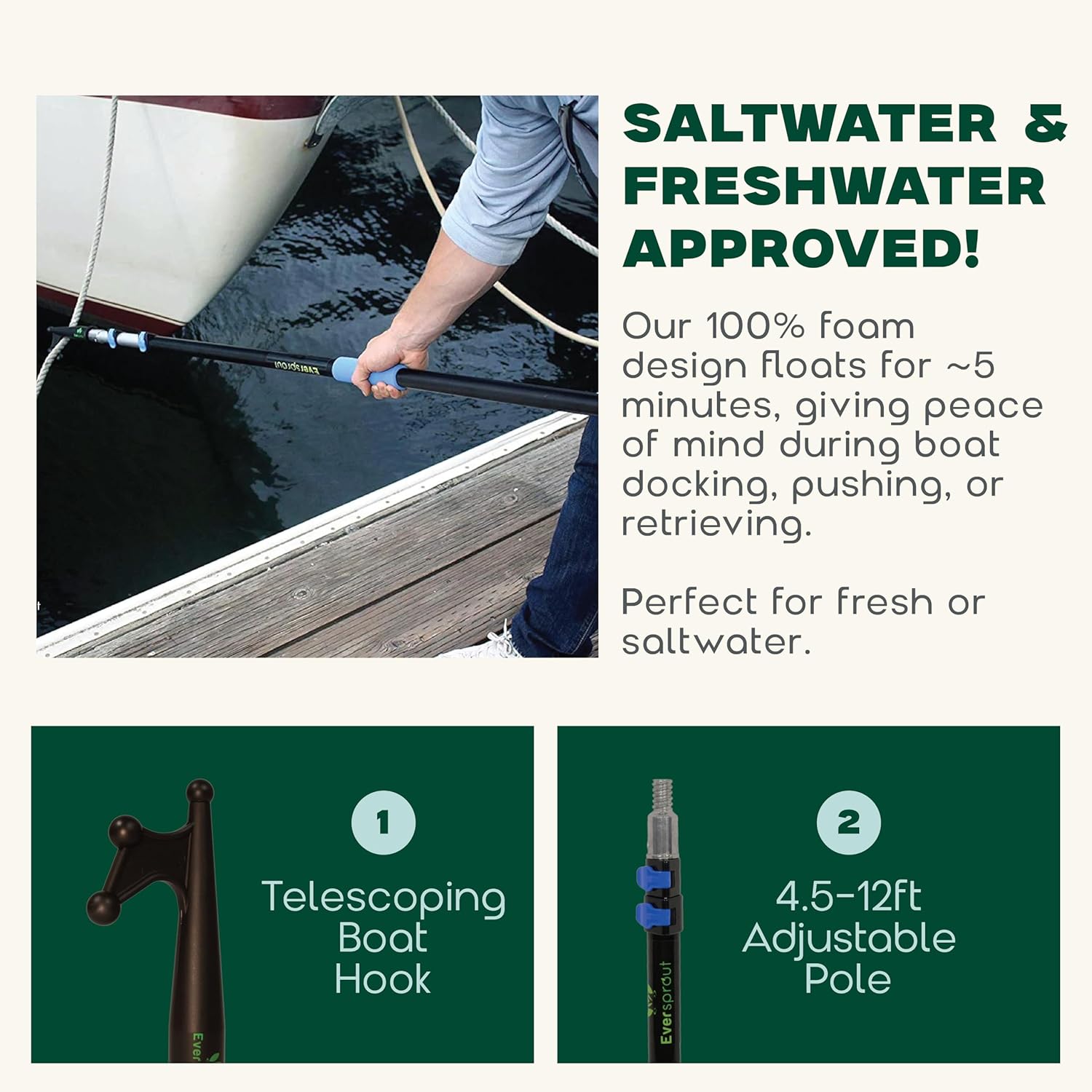 EVERSPROUT Telescoping Boat Hook | Floats, Scratch-Resistant, Sturdy Design | Durable & Lightweight, 3-Stage Anodized Aluminum Pole | Threaded End for Boating Accessories - Image 3