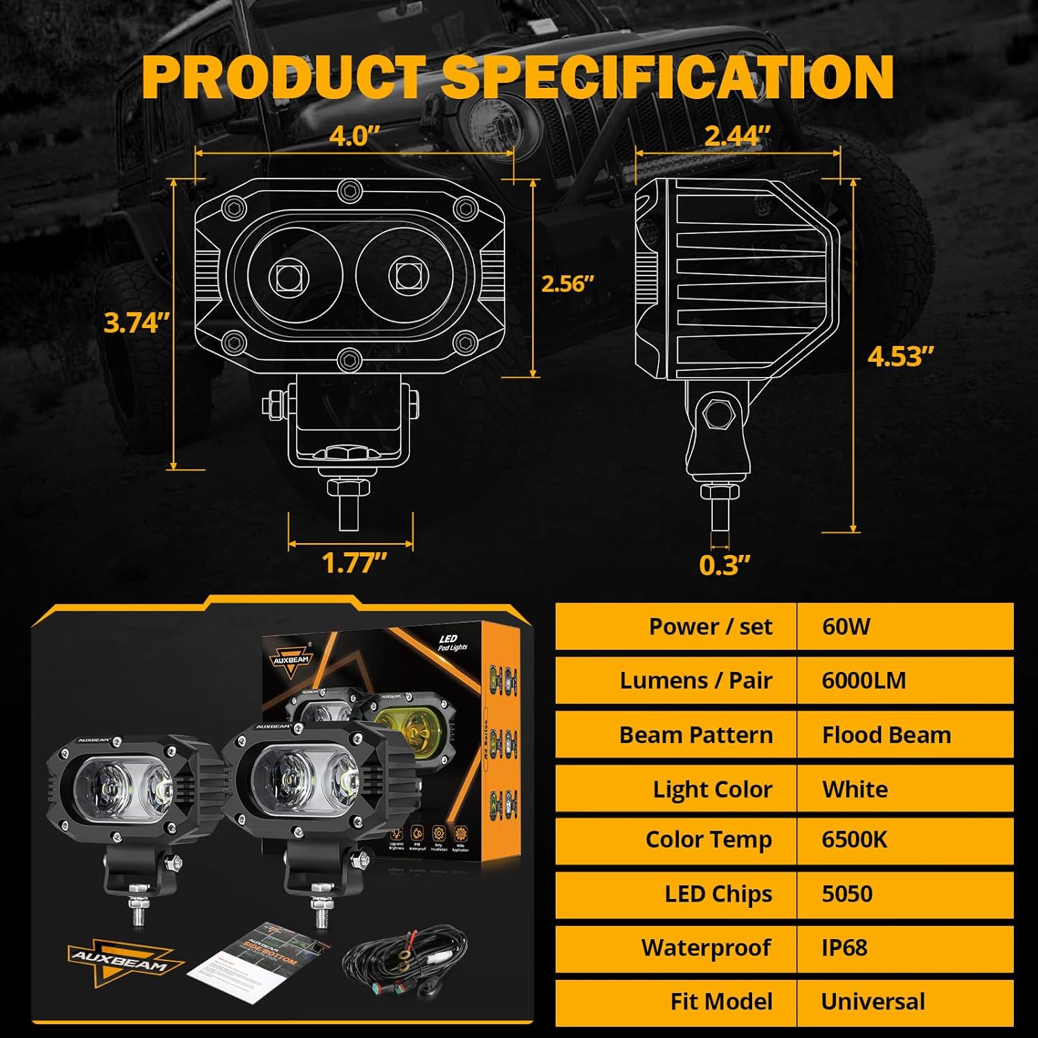Auxbeam 4 Inch LED Light Pods, 60W Square Offroad Driving Light Super Bright 120° White Broad Flood Beam Pods Light with Off Road Wiring Harness for Wrangler Truck Pickup SUV ATV UTV (2 Pcs) - Image 4