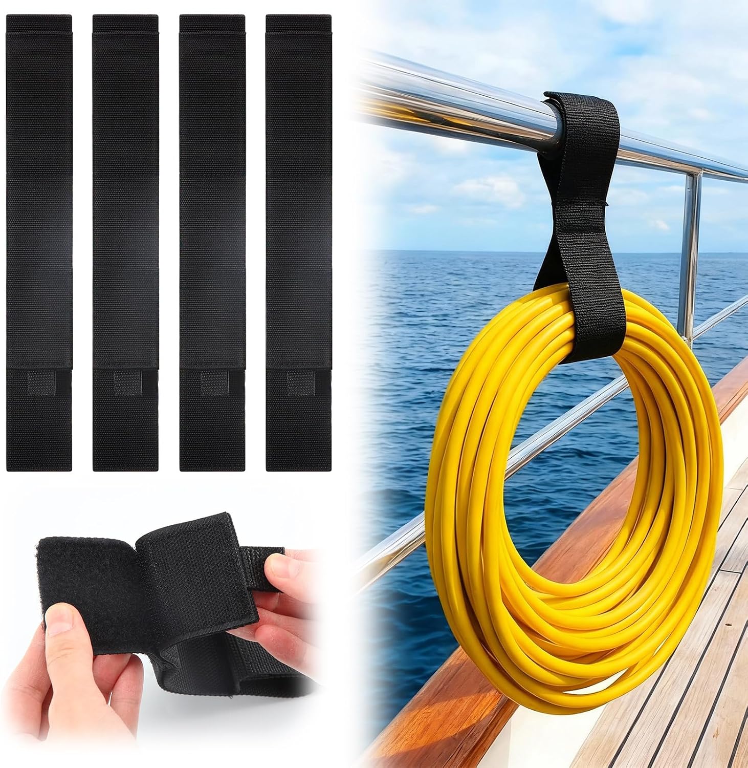 6 Pack Boat Rope Holders 16-inch Boat Straps Storage Sailboat Accessories with Adhesive Closures Heavy Duty Sailboat Railing Line Straps Storage Dock Line Organizer for Cable Organization