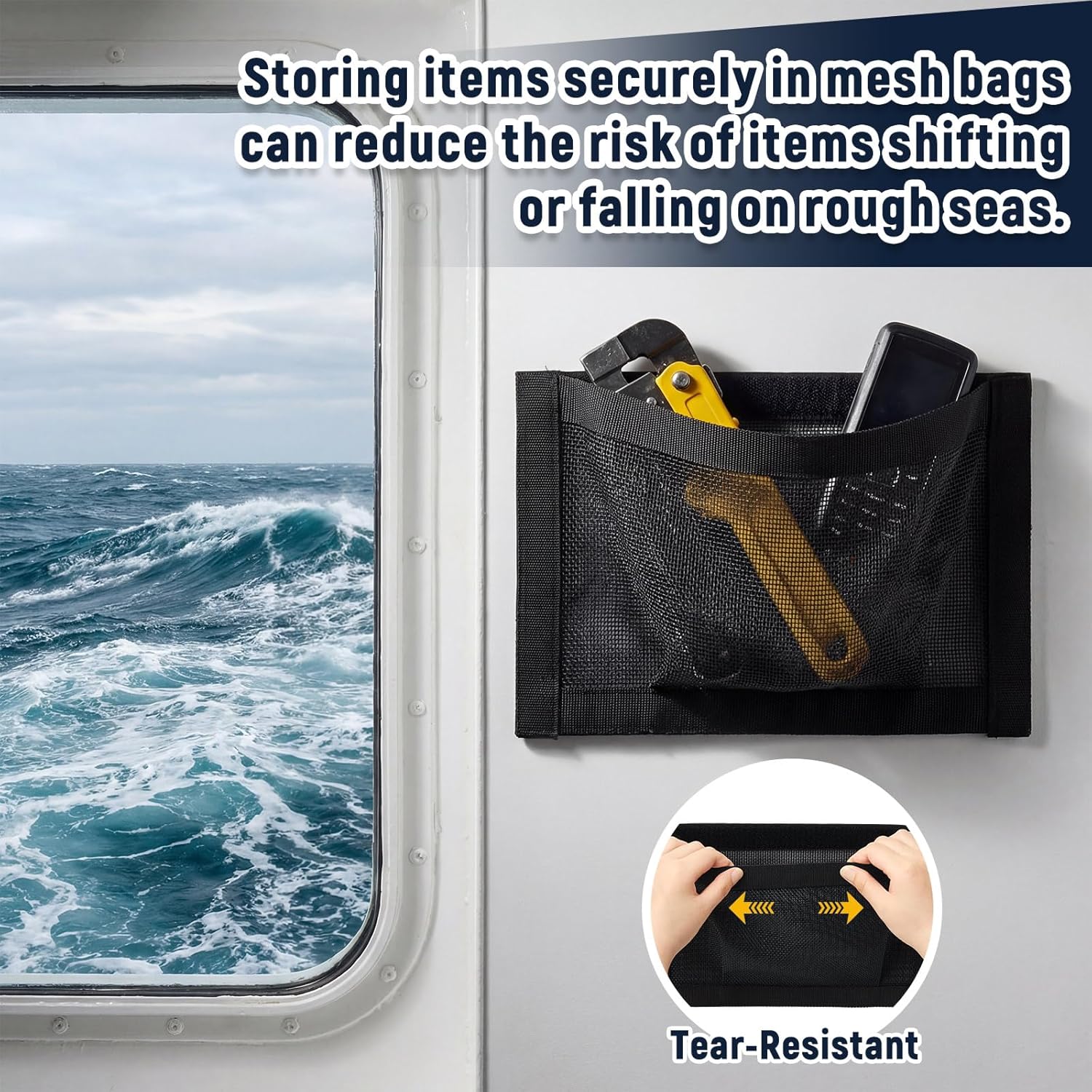 4 Pcs 10" x 7" Self-Adhesive Boat Storage Mesh Bag, Tear Resistant Waterproof Boat Storage Accessories, Sailboat Pontoonboat Caddy Organizer for Tackle, Tools, Gear, Gloves Small Items - Image 3